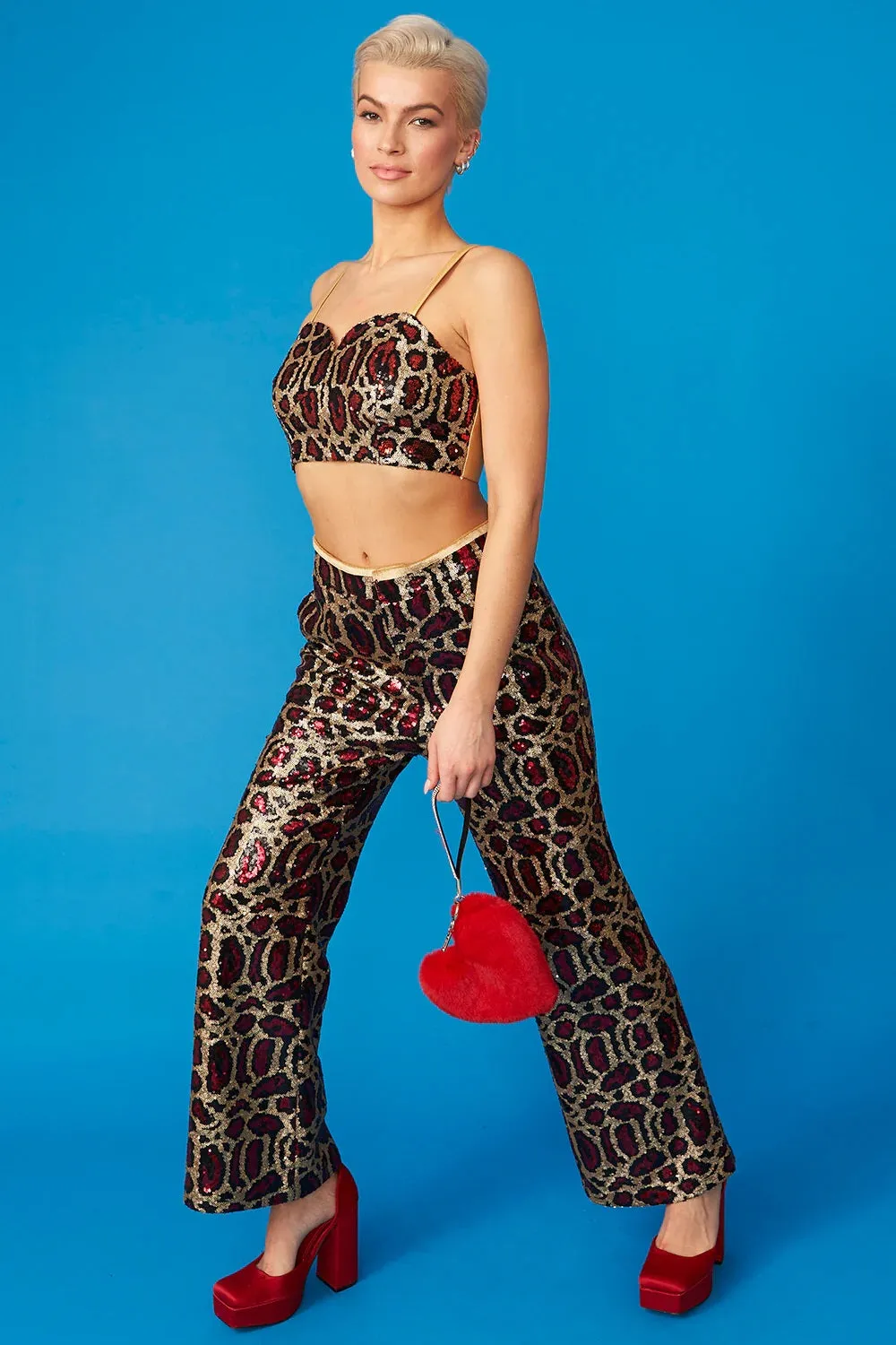 Pink Bamboo Animal Print Sequin Trousers