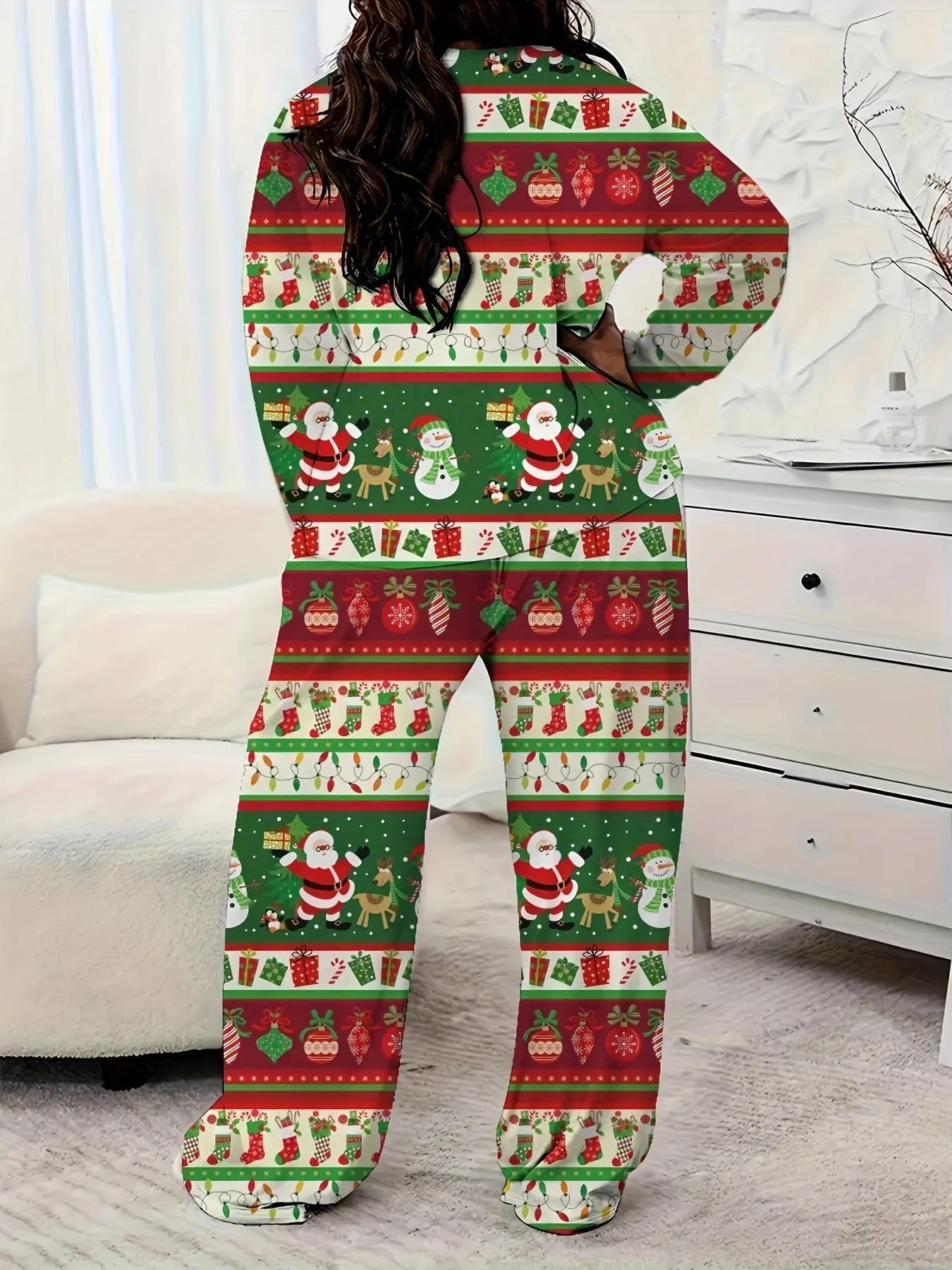 Plus Size Casual Christmas Santa Claus Print Pants Set, Crew Neck Long Sleeve Top & Pants Outfits, Women's Plus Size Clothing