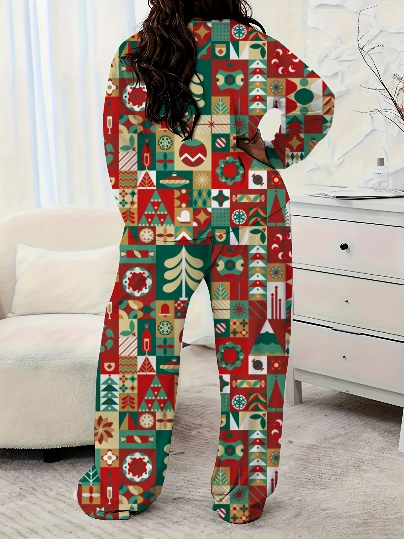 Plus Size Casual Christmas Santa Claus Print Pants Set, Crew Neck Long Sleeve Top & Pants Outfits, Women's Plus Size Clothing