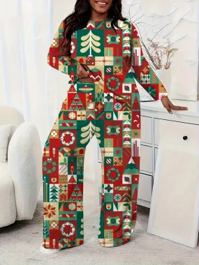 Plus Size Casual Christmas Santa Claus Print Pants Set, Crew Neck Long Sleeve Top & Pants Outfits, Women's Plus Size Clothing