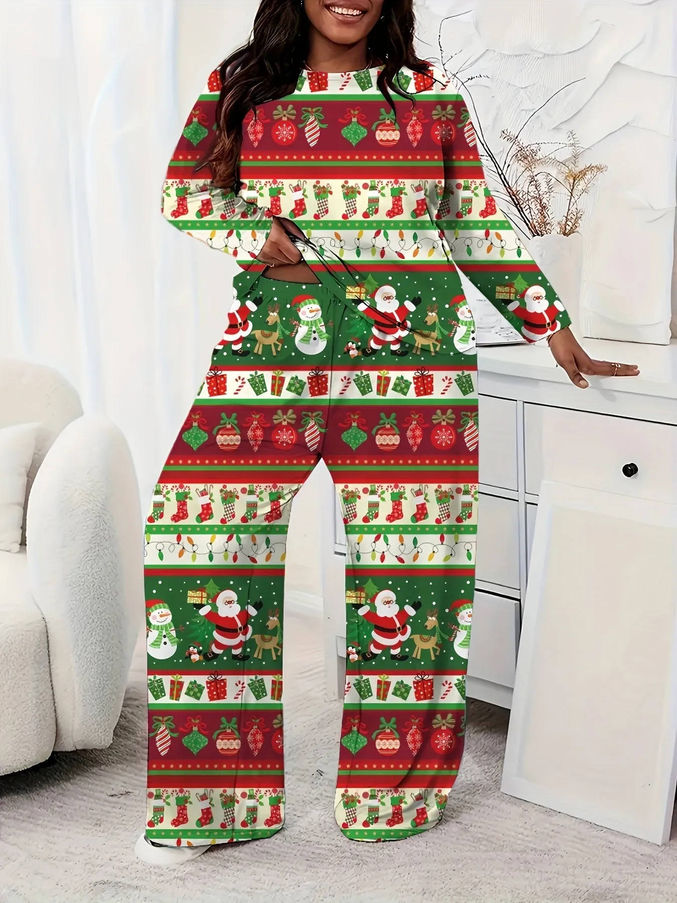 Plus Size Casual Christmas Santa Claus Print Pants Set, Crew Neck Long Sleeve Top & Pants Outfits, Women's Plus Size Clothing