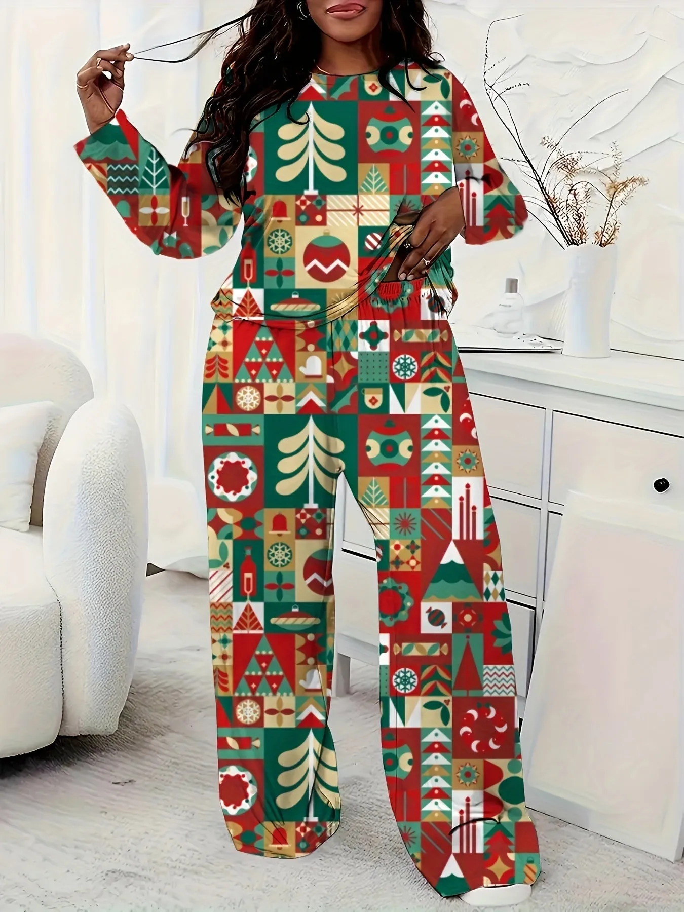 Plus Size Casual Christmas Santa Claus Print Pants Set, Crew Neck Long Sleeve Top & Pants Outfits, Women's Plus Size Clothing