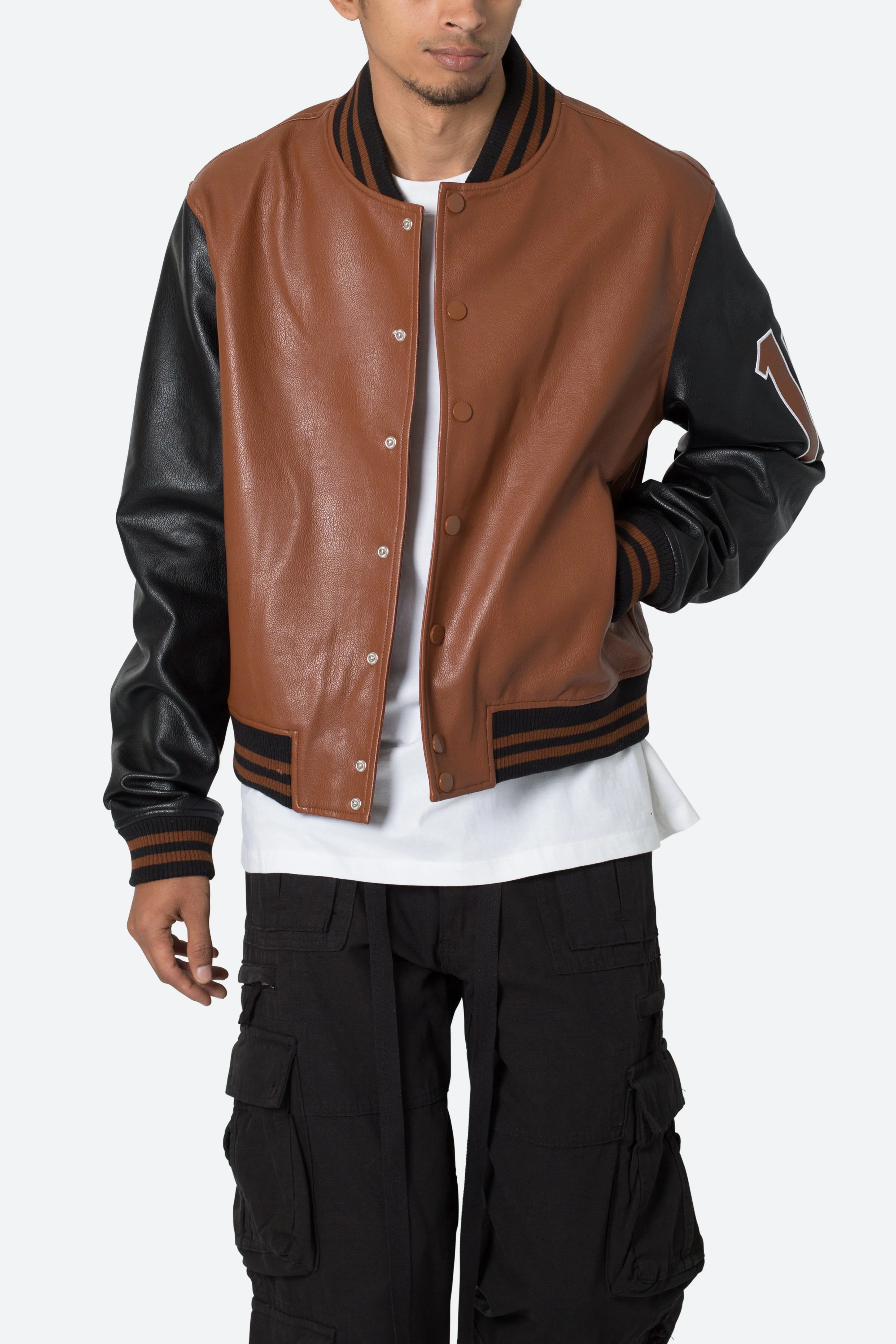 PU Varsity Jacket - Black/Brown