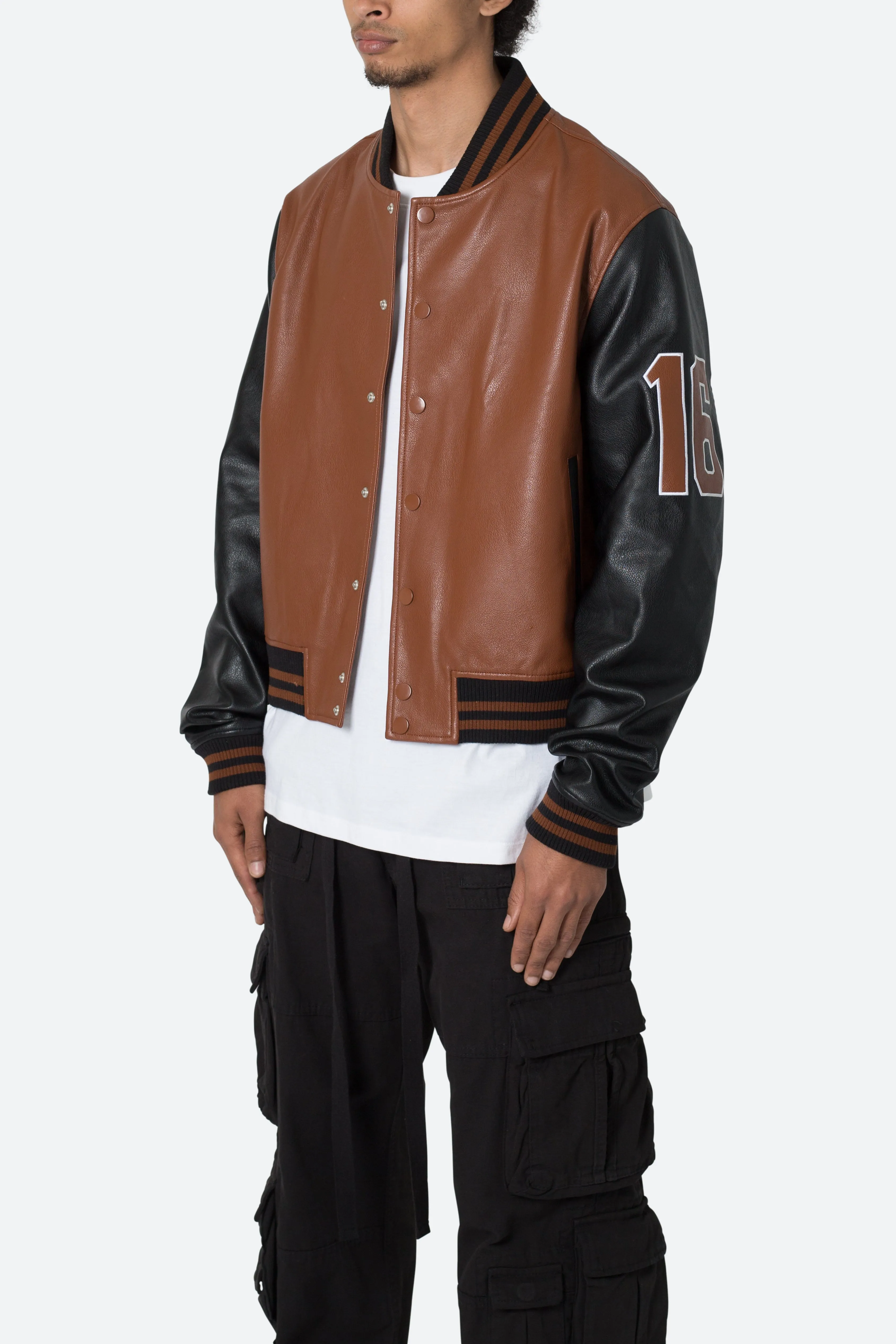 PU Varsity Jacket - Black/Brown