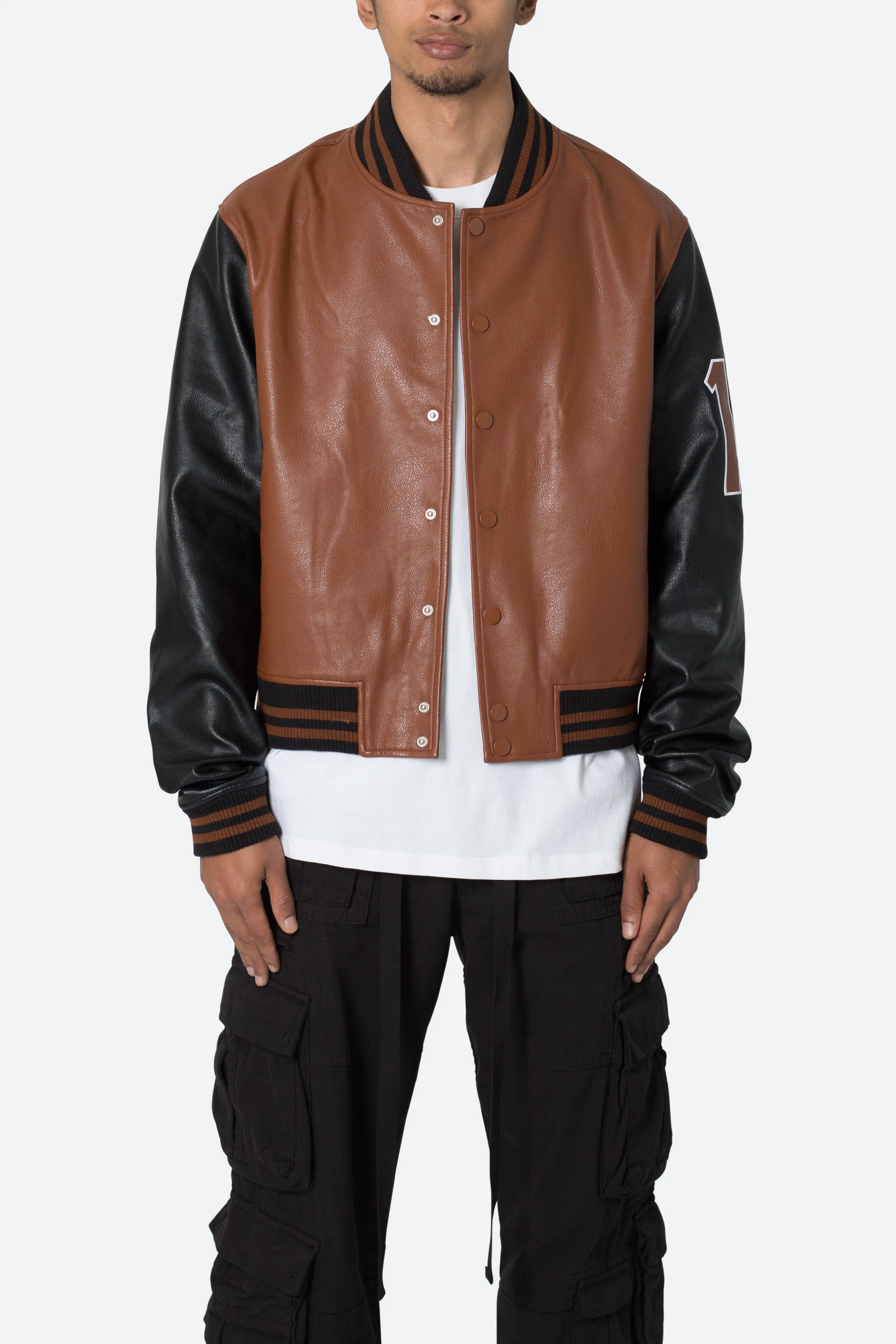 PU Varsity Jacket - Black/Brown