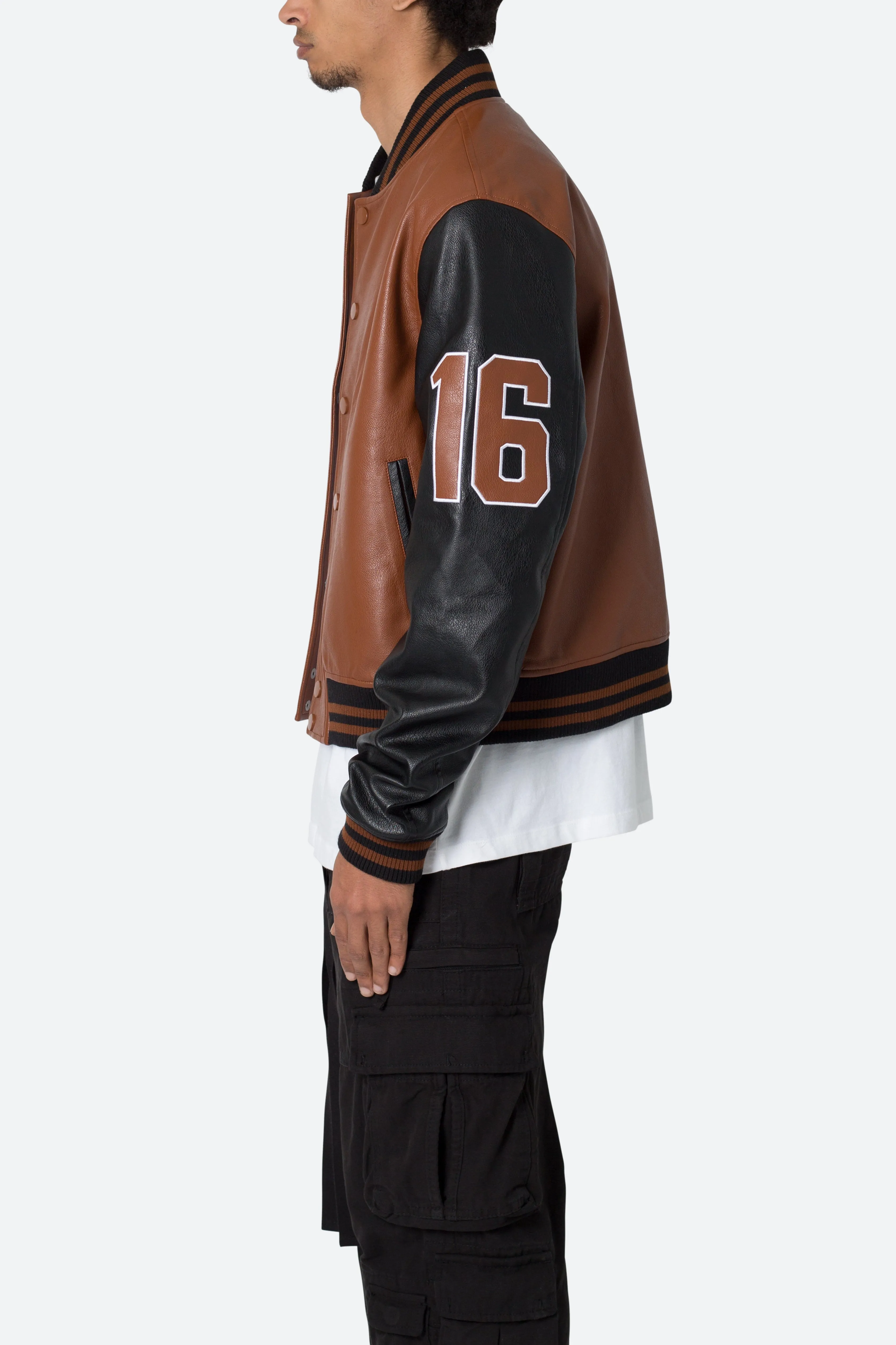 PU Varsity Jacket - Black/Brown