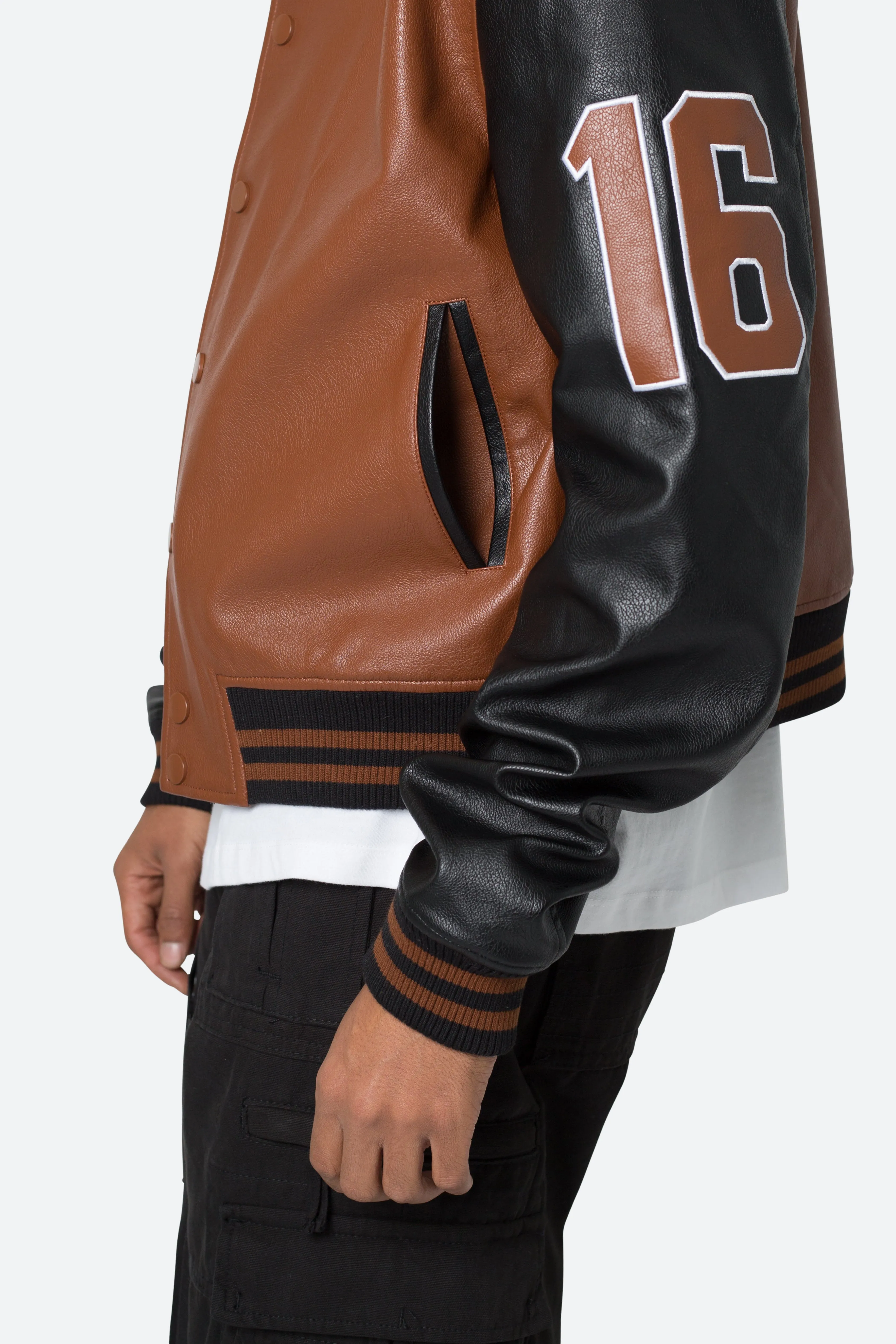 PU Varsity Jacket - Black/Brown