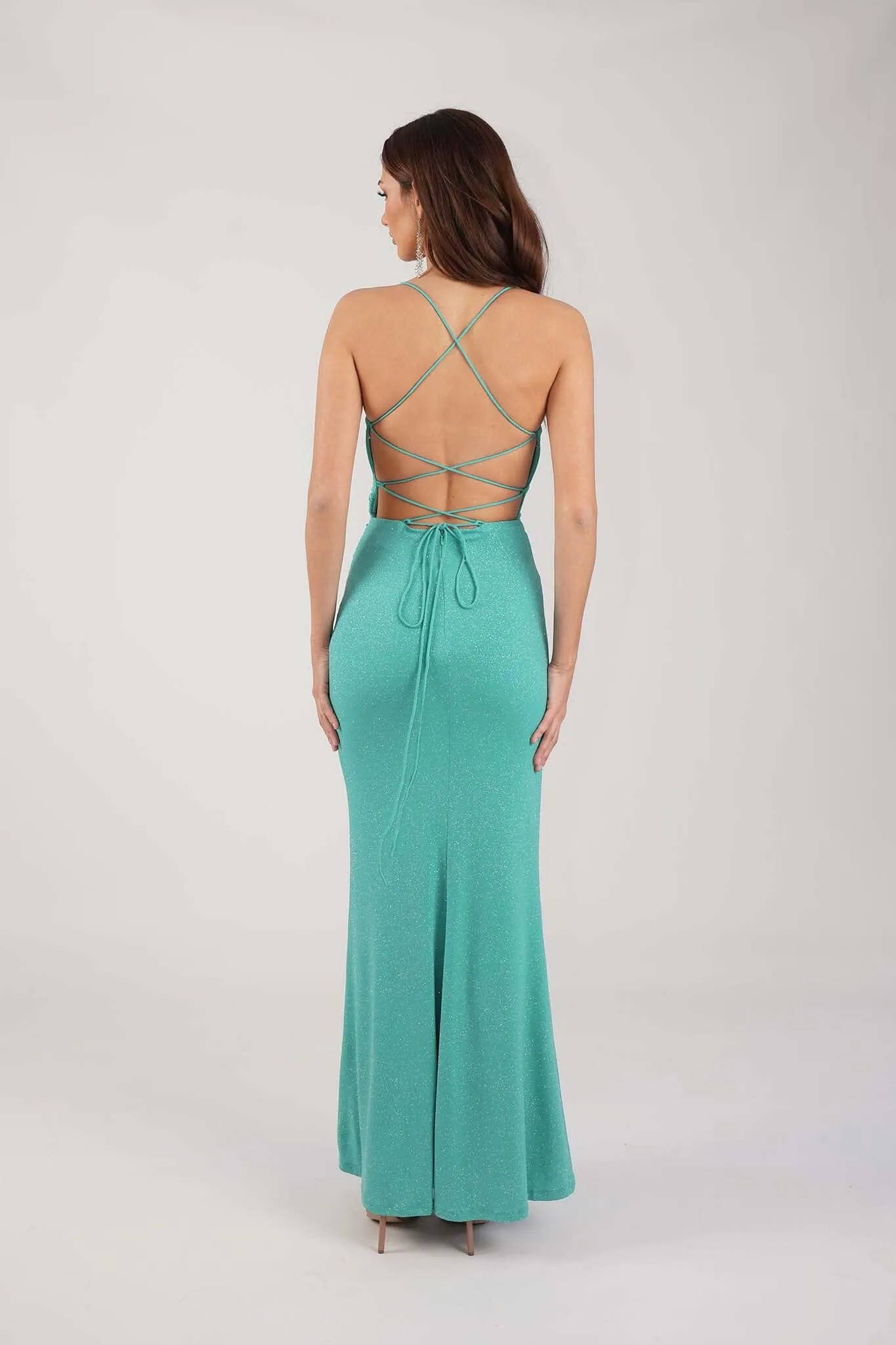 Raya Lace Up Shimmer Gown - Mint