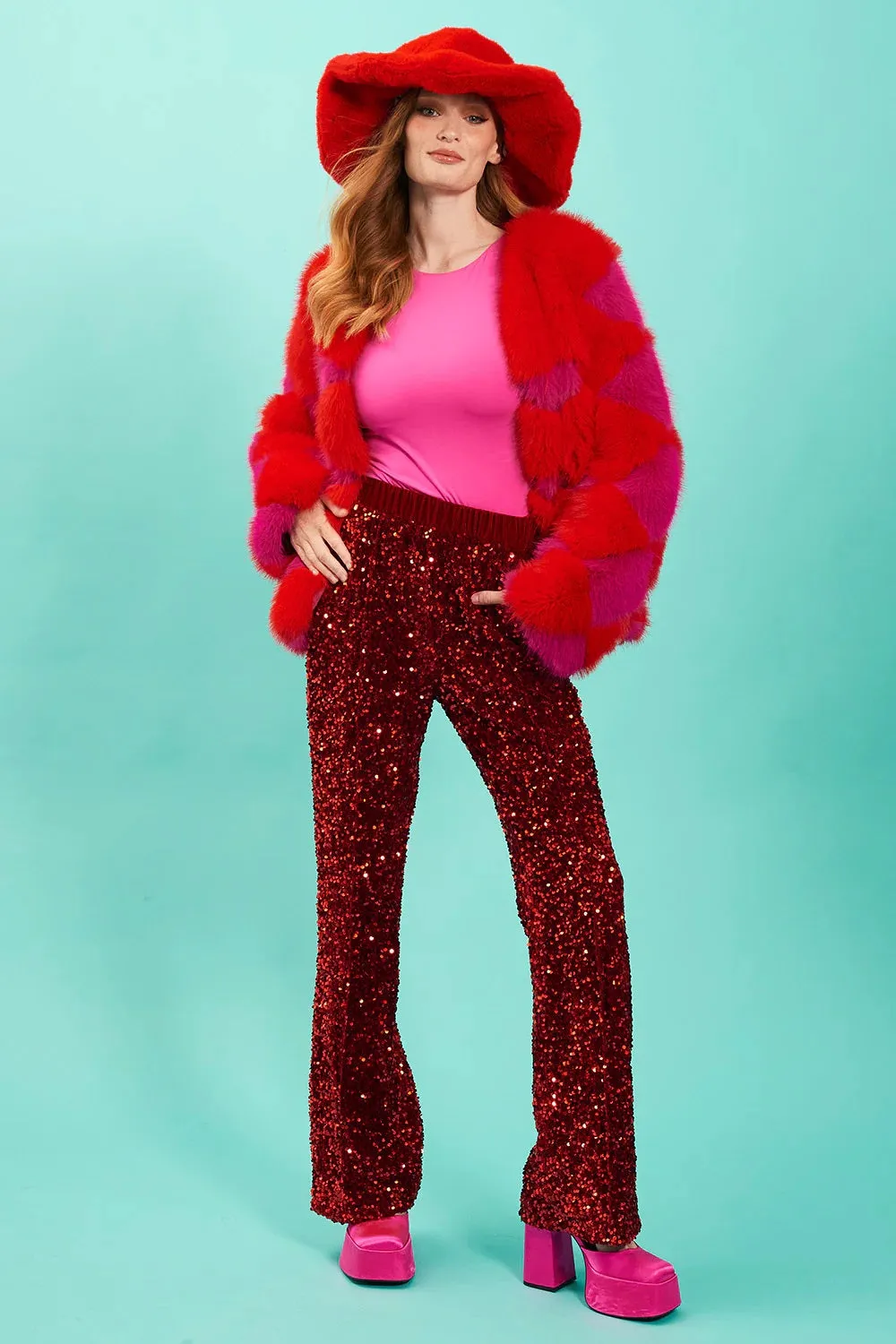 Red Sequin Flared Trousers