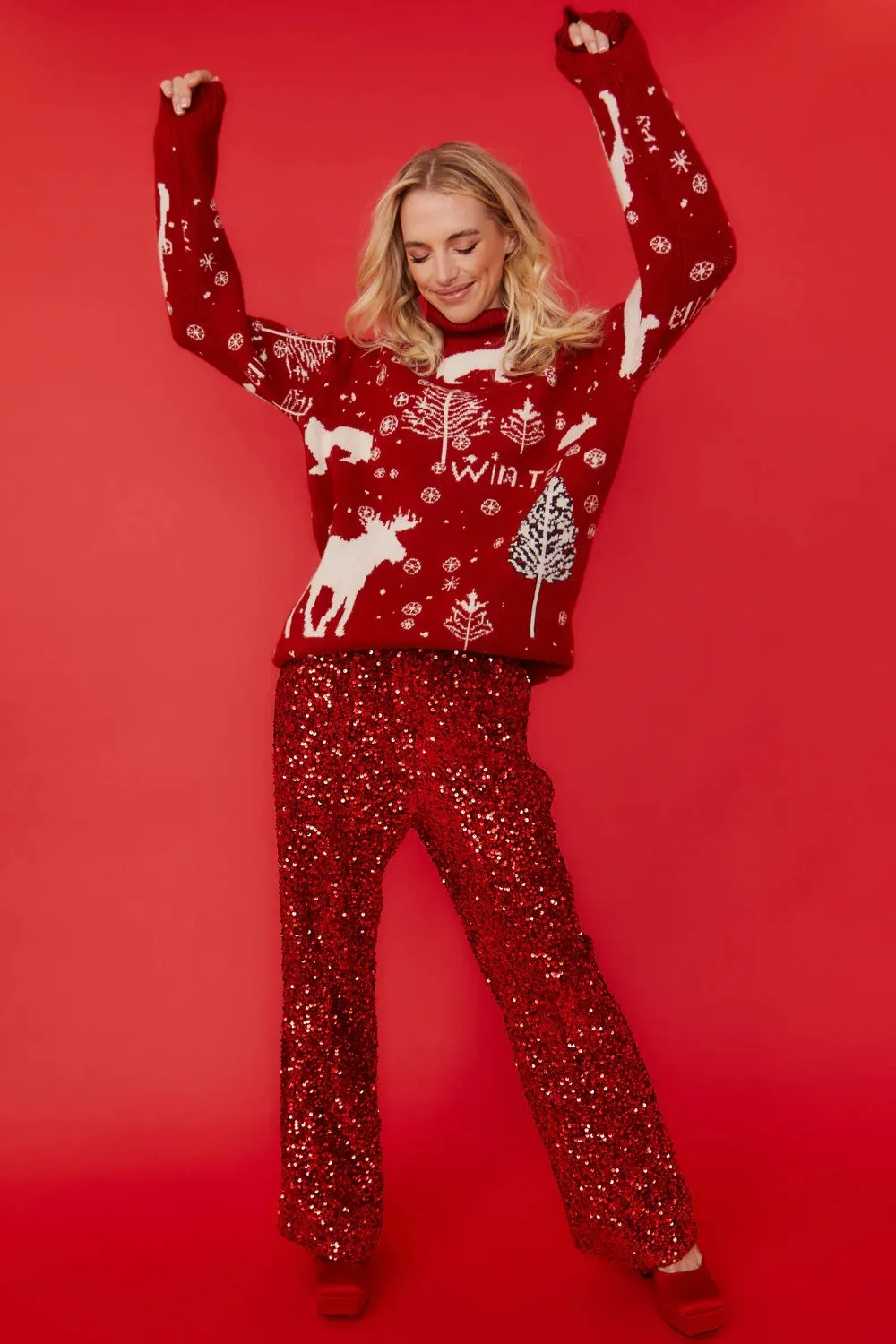 Red Sequin Flared Trousers