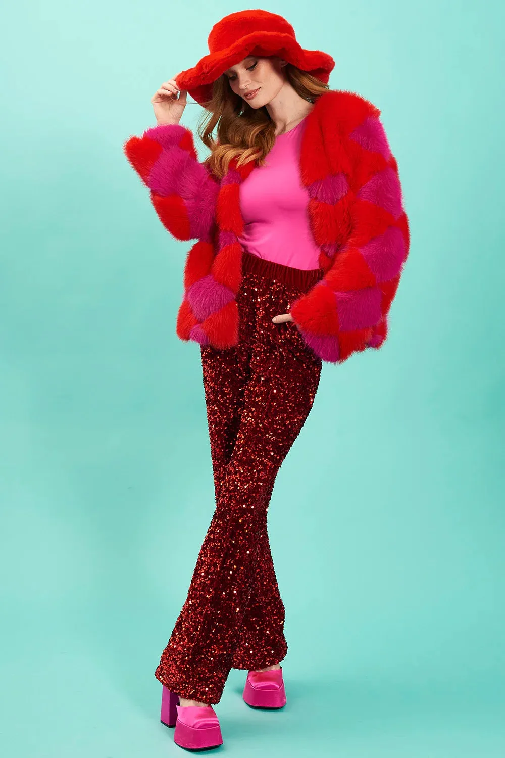 Red Sequin Flared Trousers