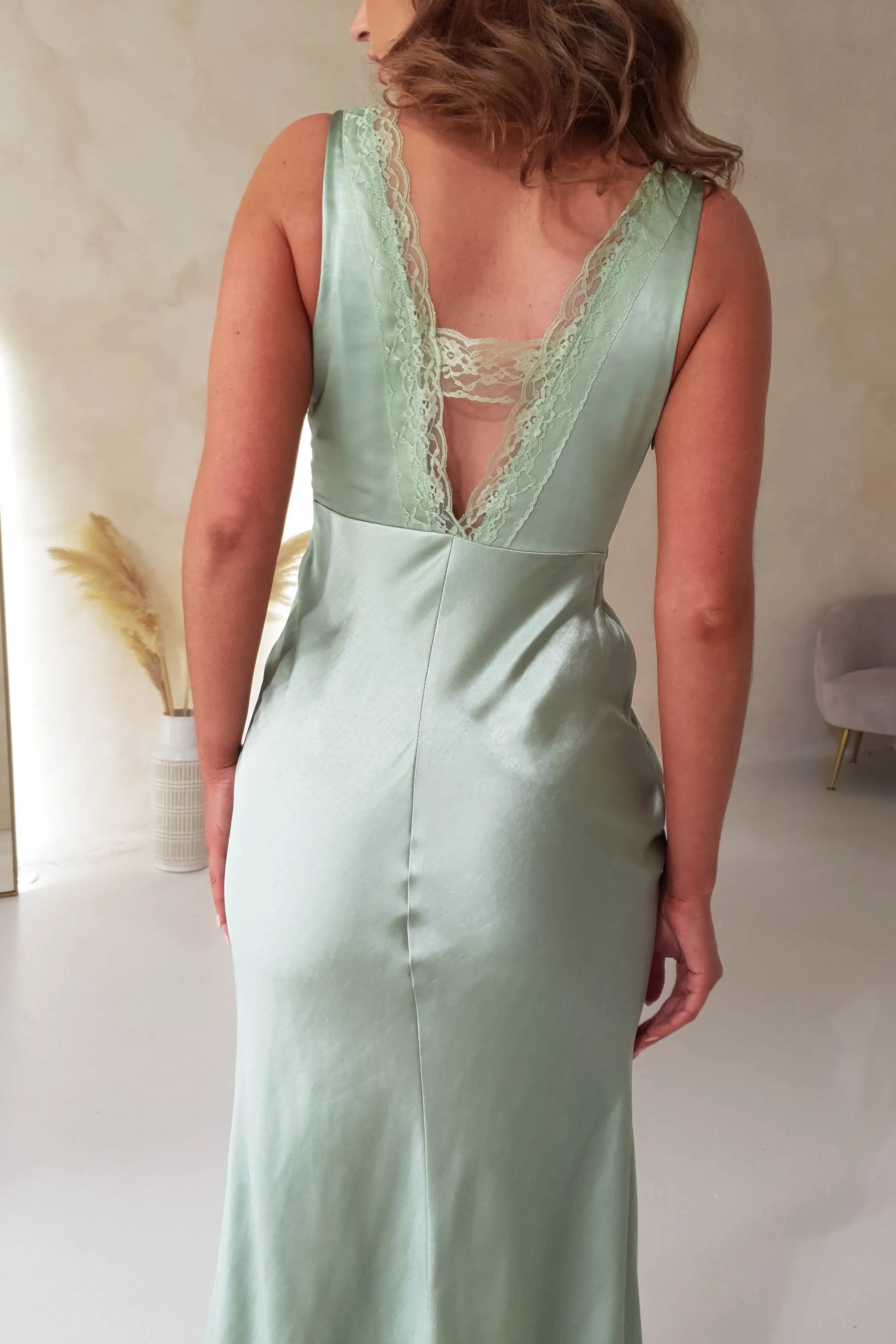 Rhylee Soft Satin Lace Detail Maxi Dress | Sage