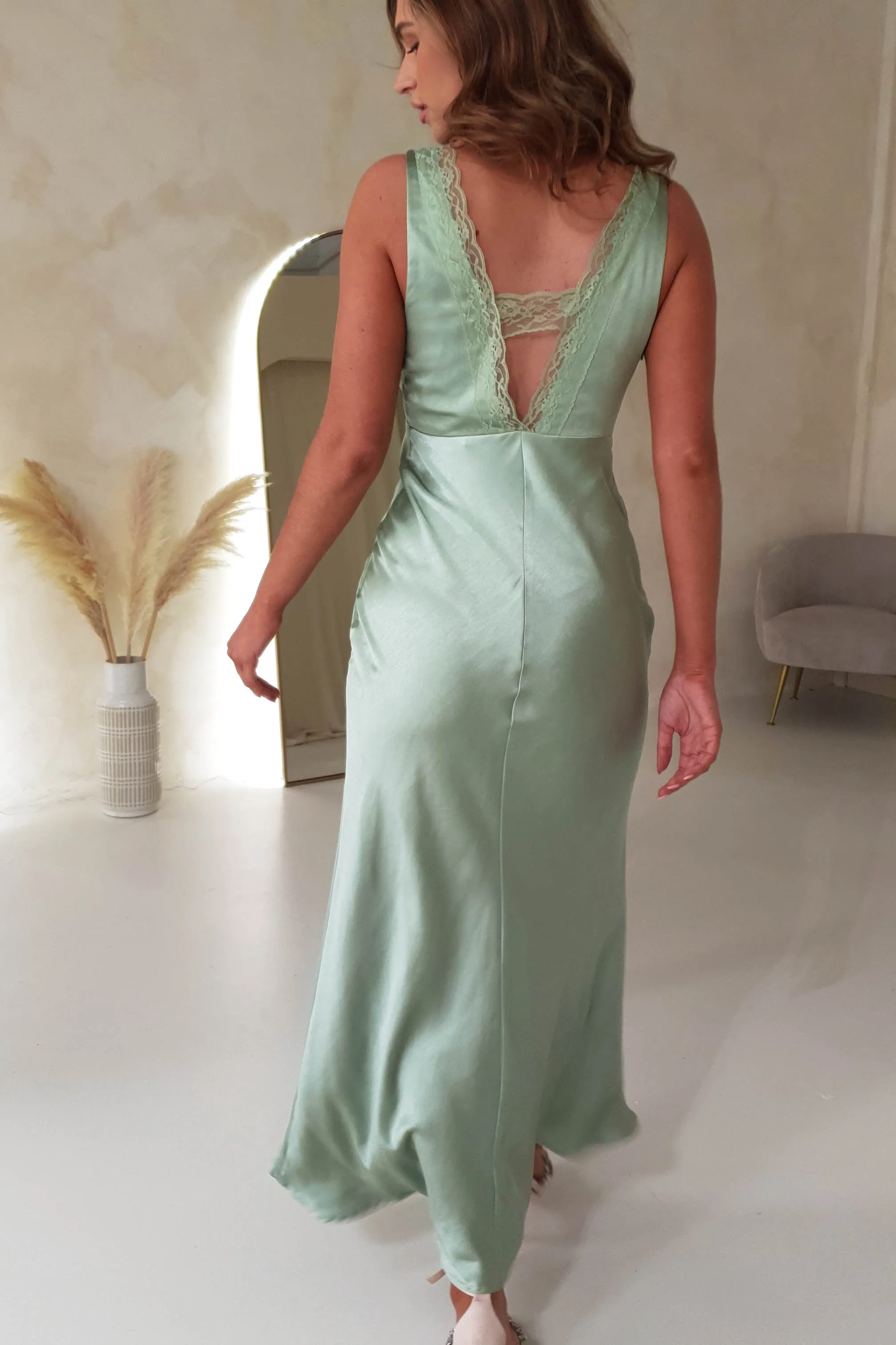 Rhylee Soft Satin Lace Detail Maxi Dress | Sage