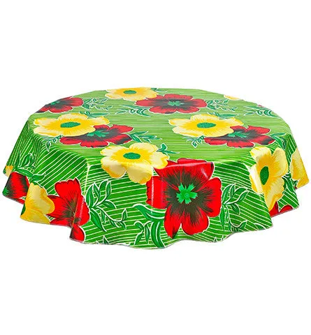 Round Oilcloth Tablecloth in Big Flowers and Stripes Lime