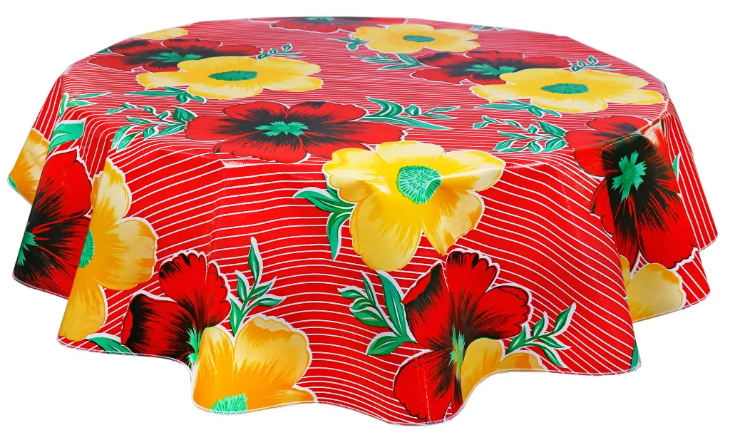 Round Oilcloth Tablecloth in Big Flowers and Stripes Red