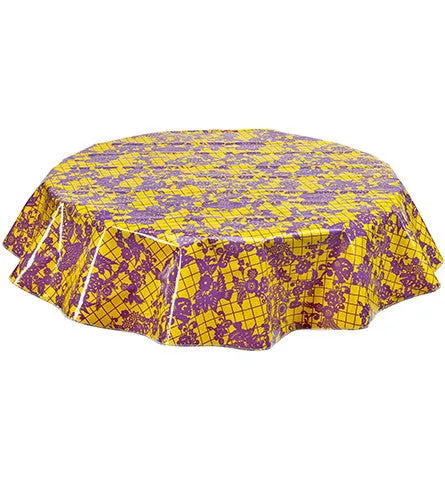 Round Oilcloth Tablecloth in Day of the Dead Purple on Yellow