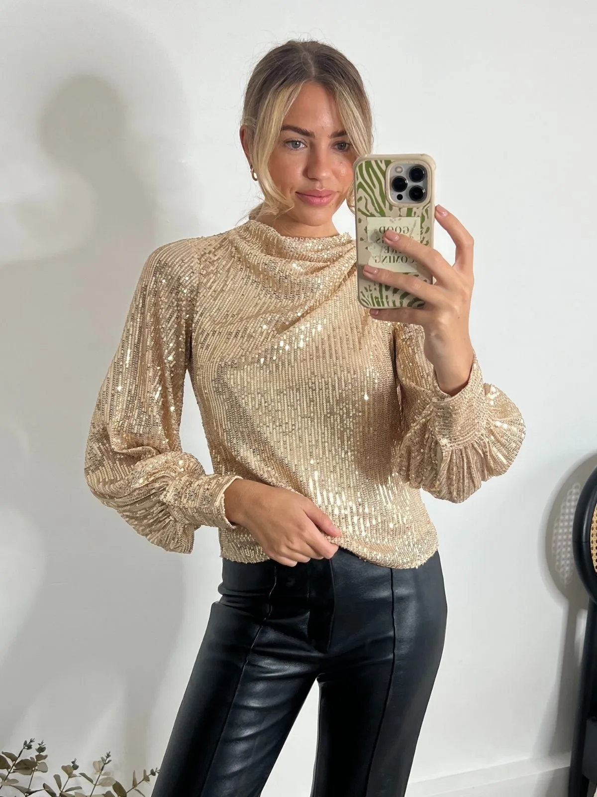 Sabrina Long Sleeved Drape Top / Gold Sequin