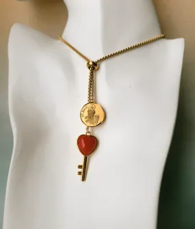 Saint Jude Medallion with Red Jade Heart Key Slider Necklace