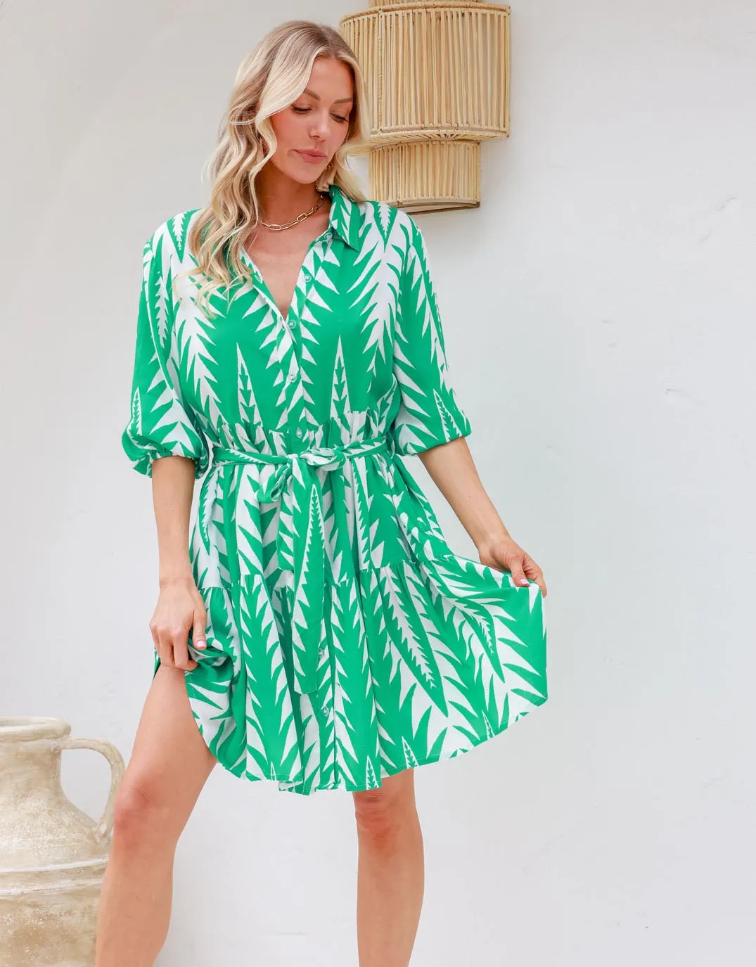 Sangria Printed Dress - Emerald/White