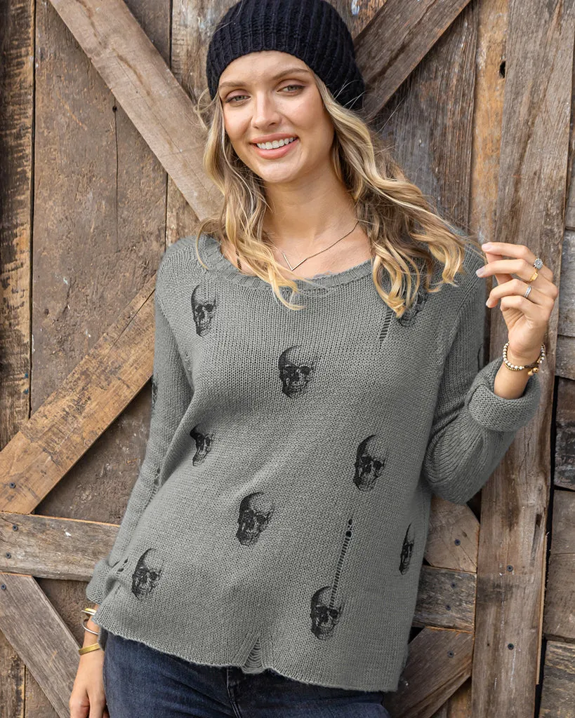 SKULL PRINTED DISTRESSED CREW LIGHTWEIGHT