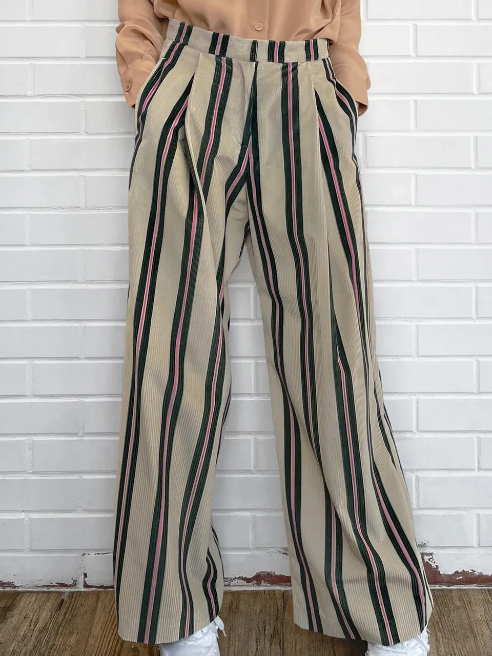 Striped Corduroy Pleated Front Wide Leg Trousers