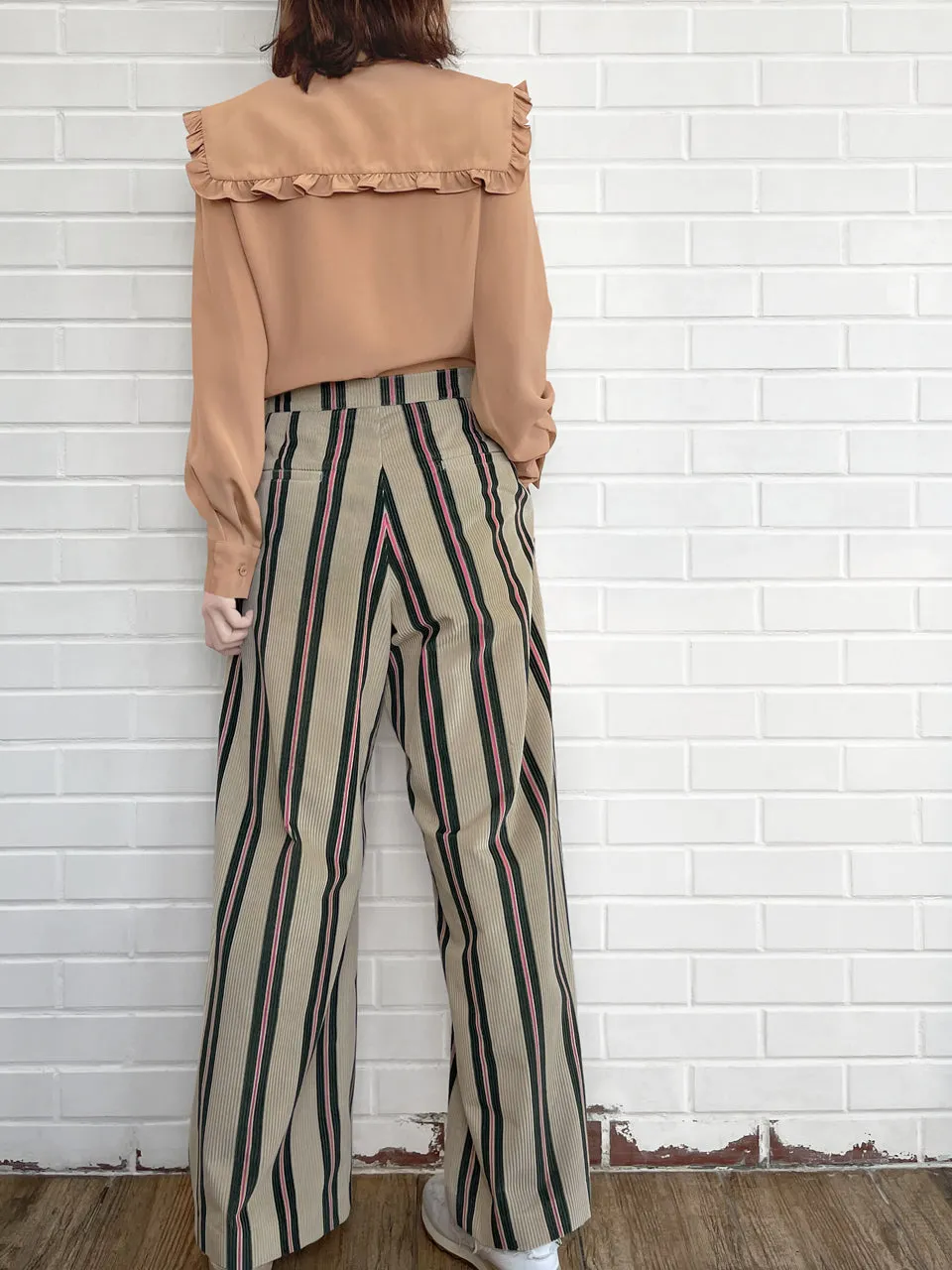 Striped Corduroy Pleated Front Wide Leg Trousers