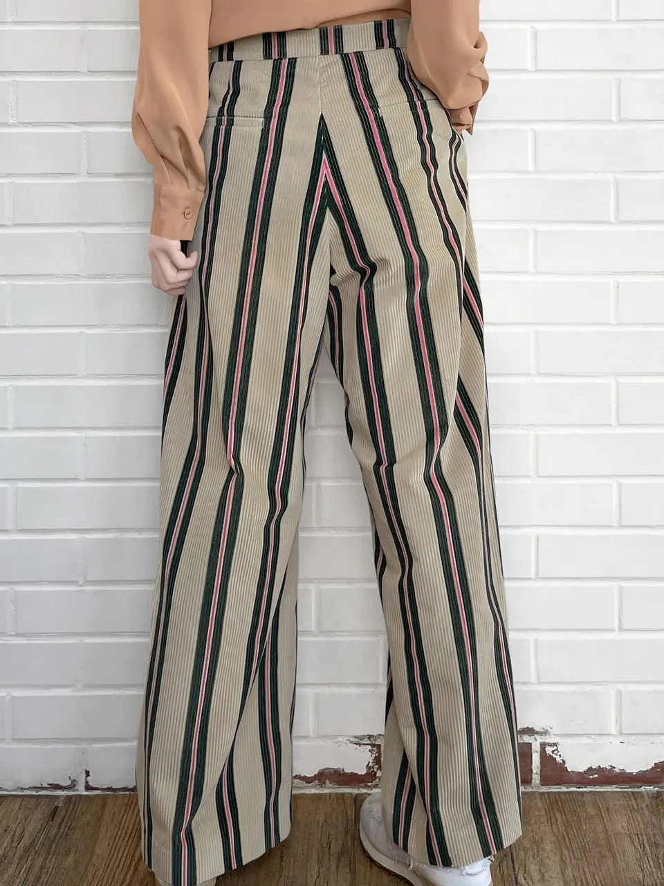 Striped Corduroy Pleated Front Wide Leg Trousers