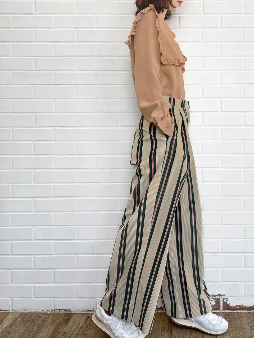 Striped Corduroy Pleated Front Wide Leg Trousers