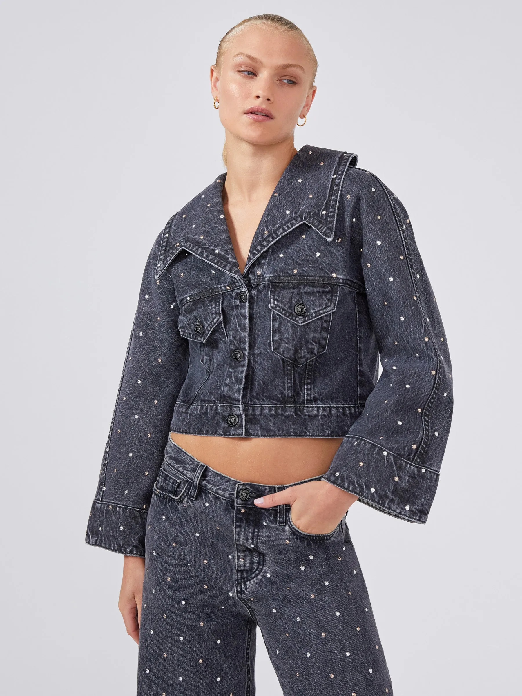 Studded Denim Jacket Acid Wash Black