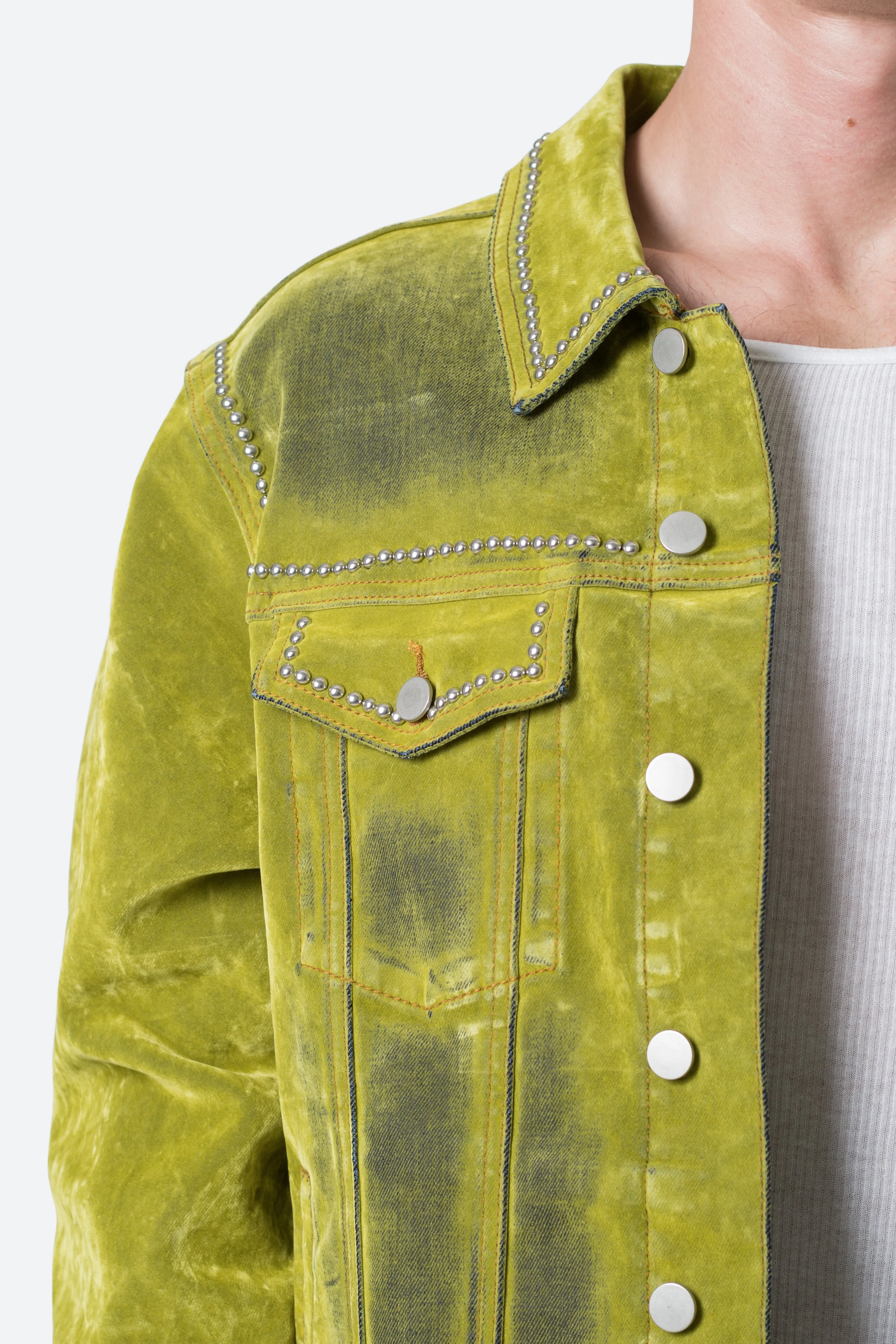 Studded Suede Denim Jacket - Green