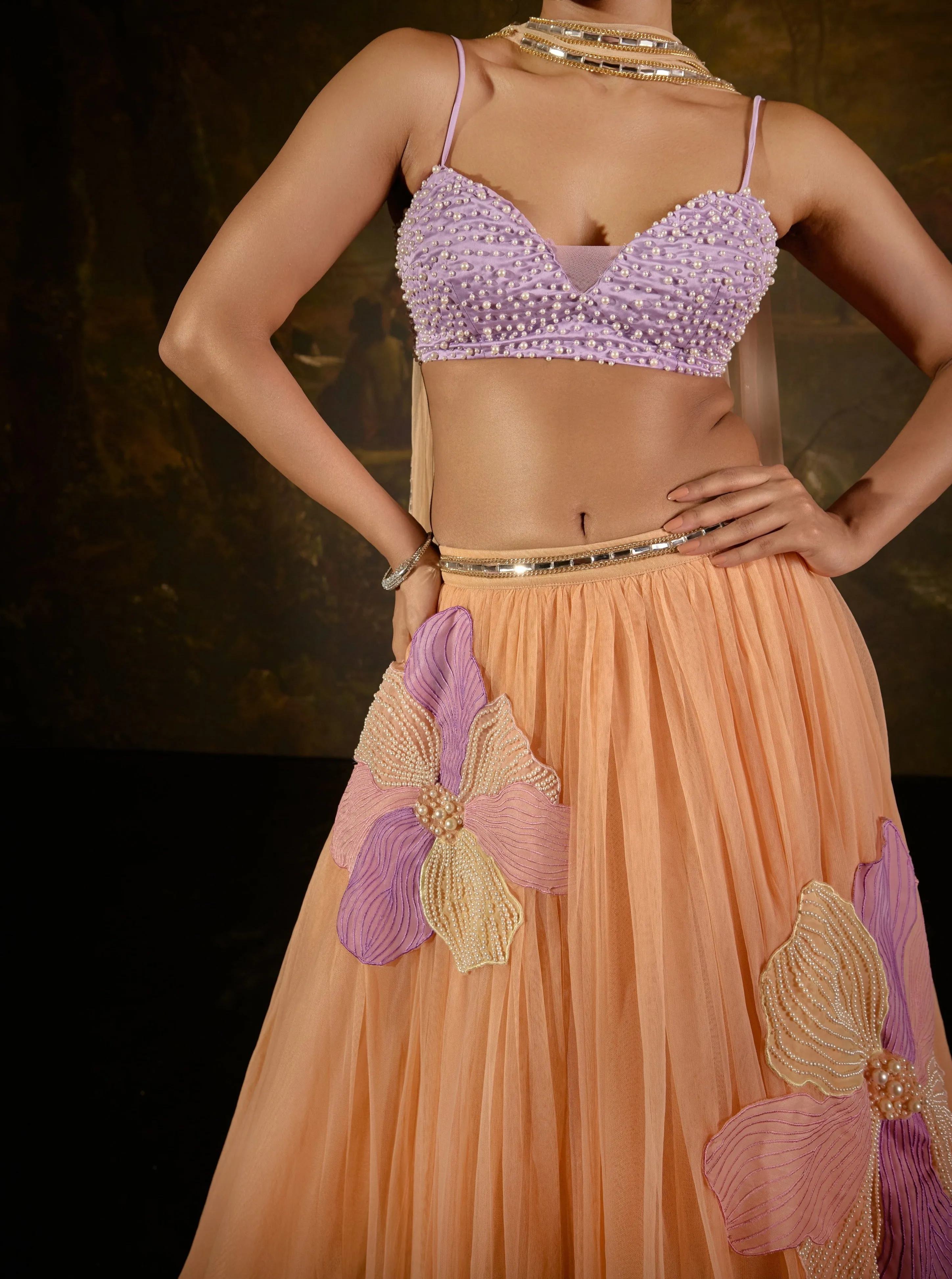 Tasmeekh Lavender And Orange Embroidered Lehenga Set