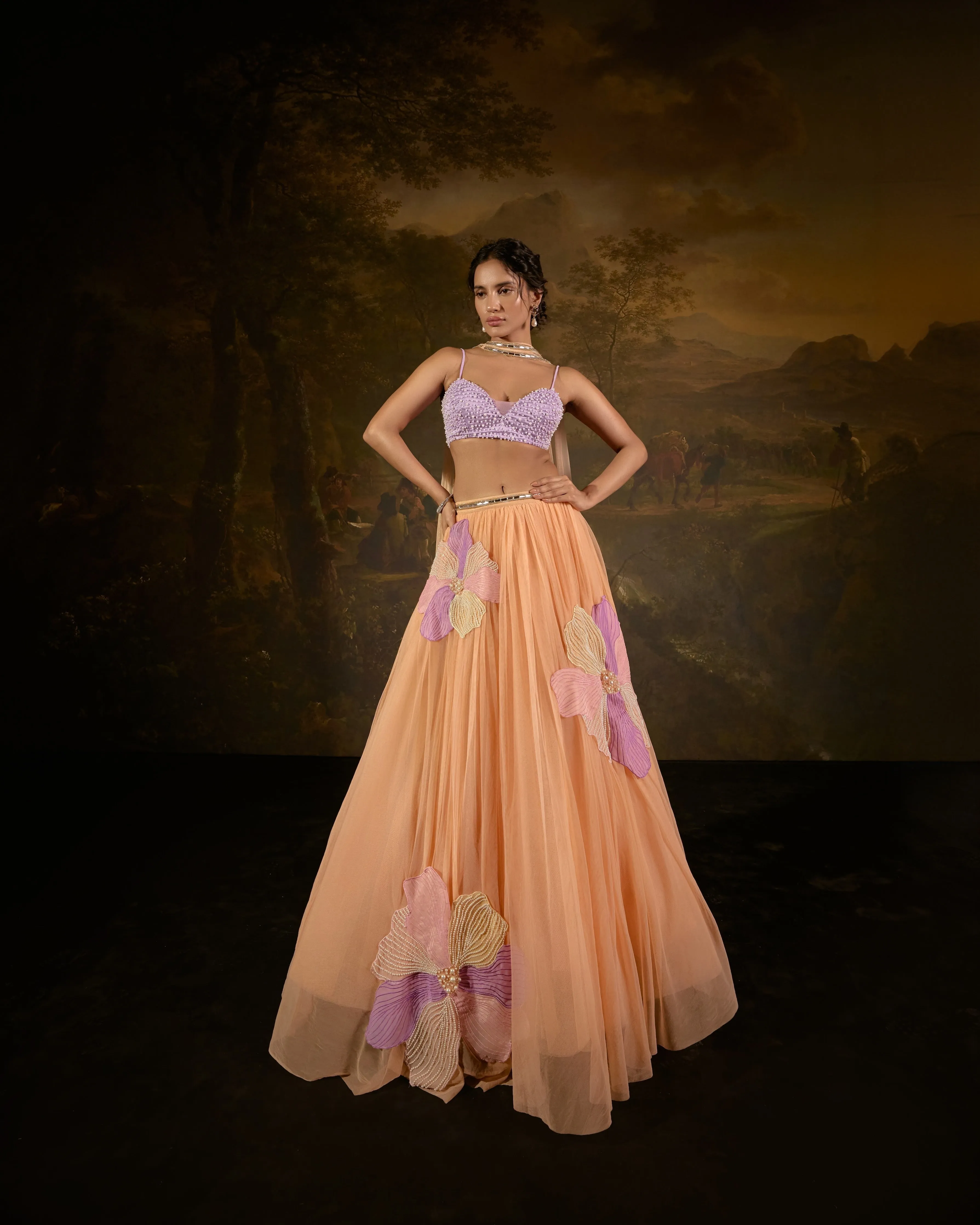 Tasmeekh Lavender And Orange Embroidered Lehenga Set