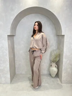 Taupe Leopard Print Trim Wide Leg Jogging Bottoms