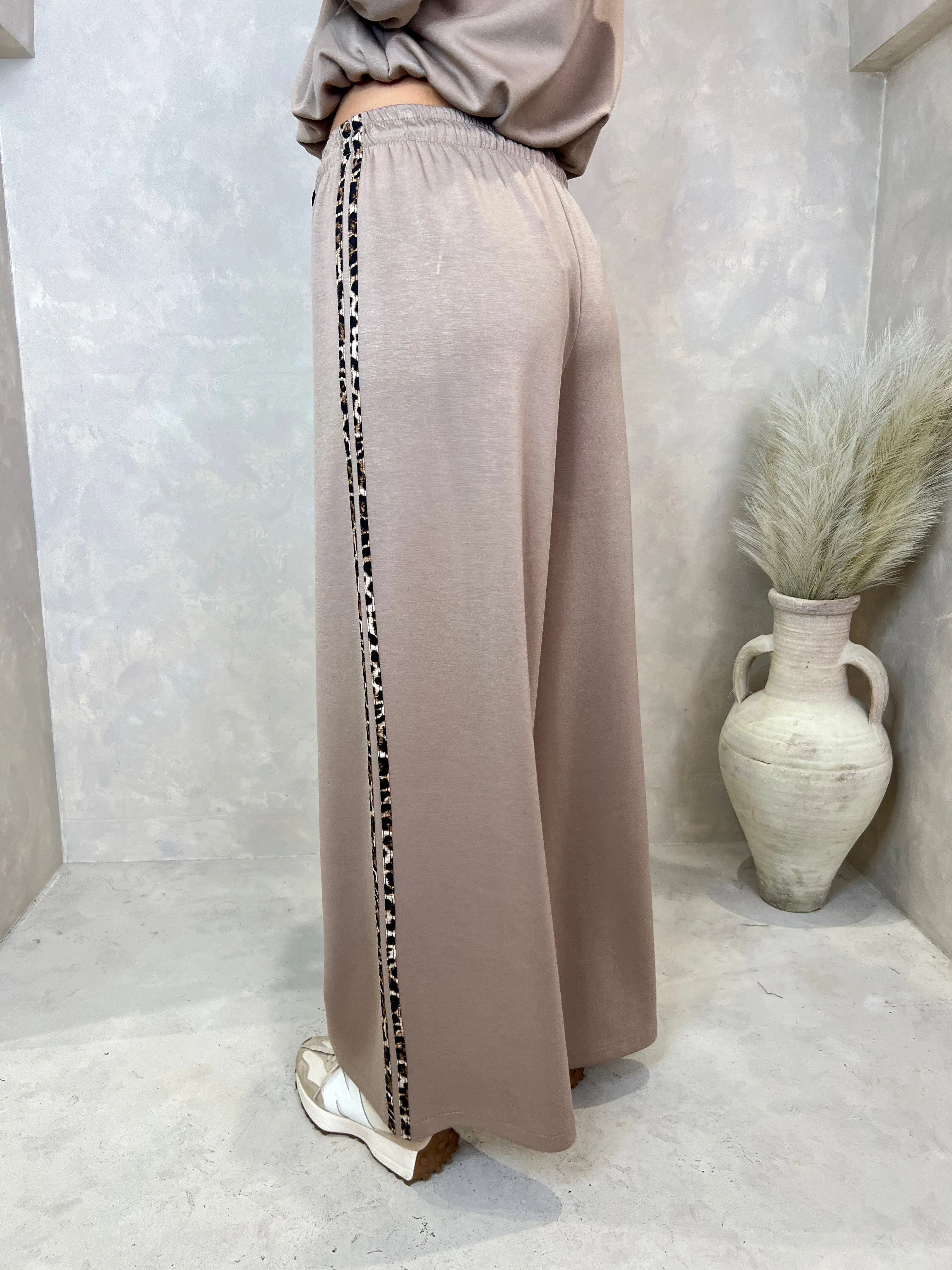 Taupe Leopard Print Trim Wide Leg Jogging Bottoms