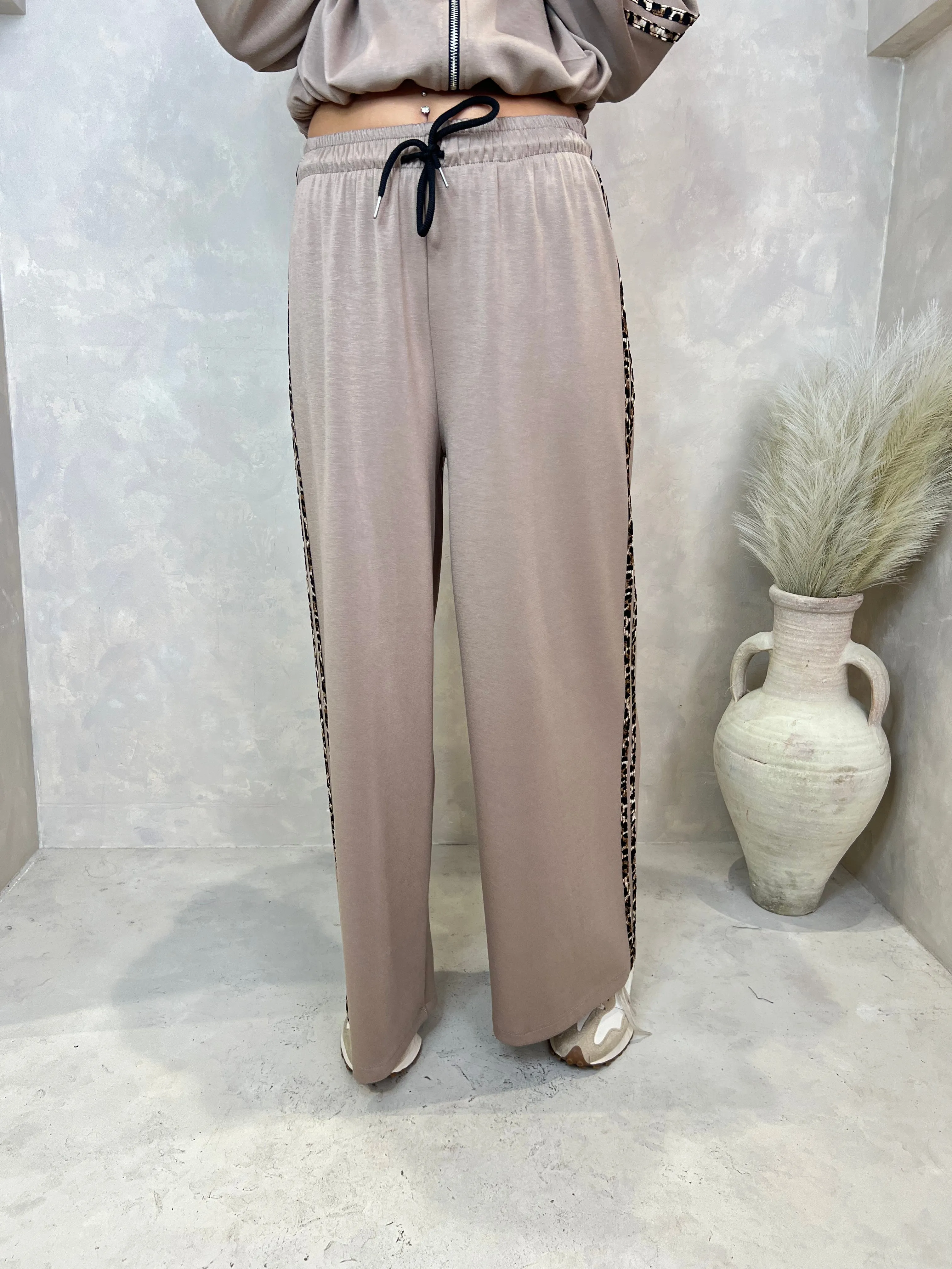 Taupe Leopard Print Trim Wide Leg Jogging Bottoms