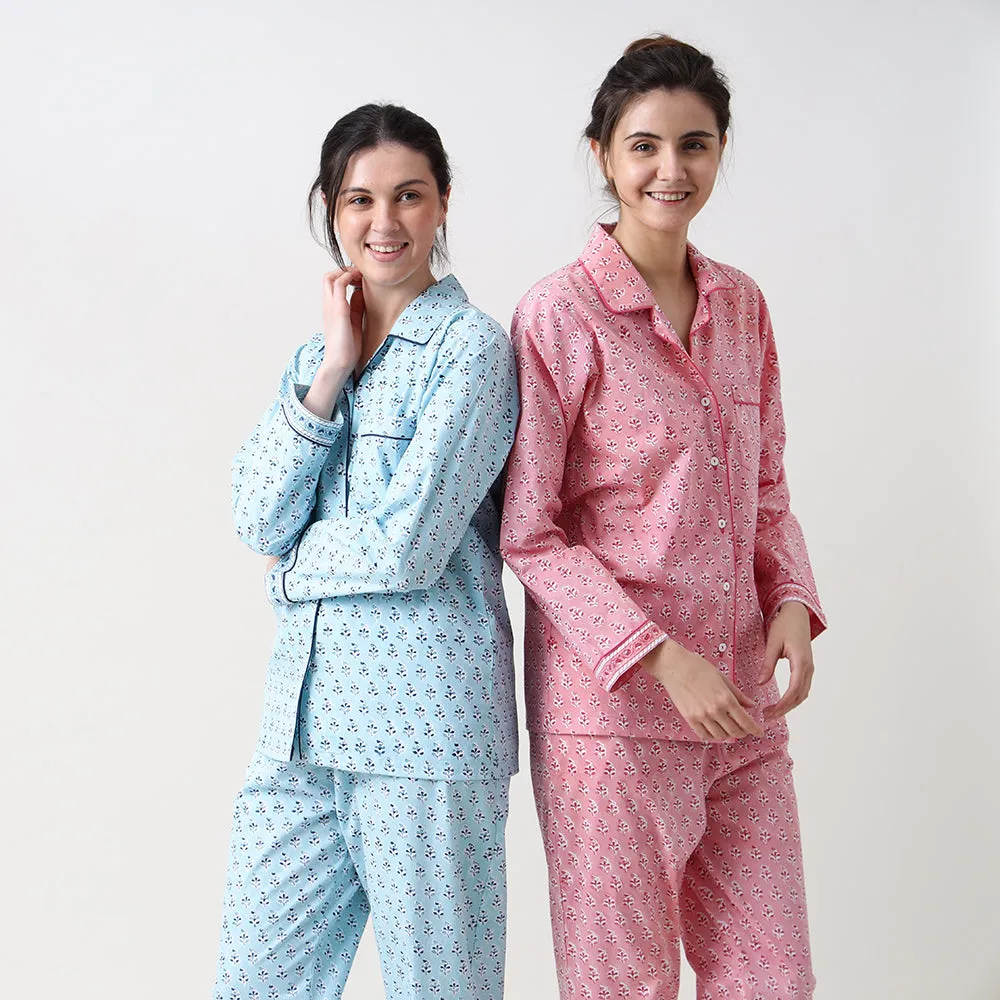 Women Lily Blockprint Pajama Set (English Blue)