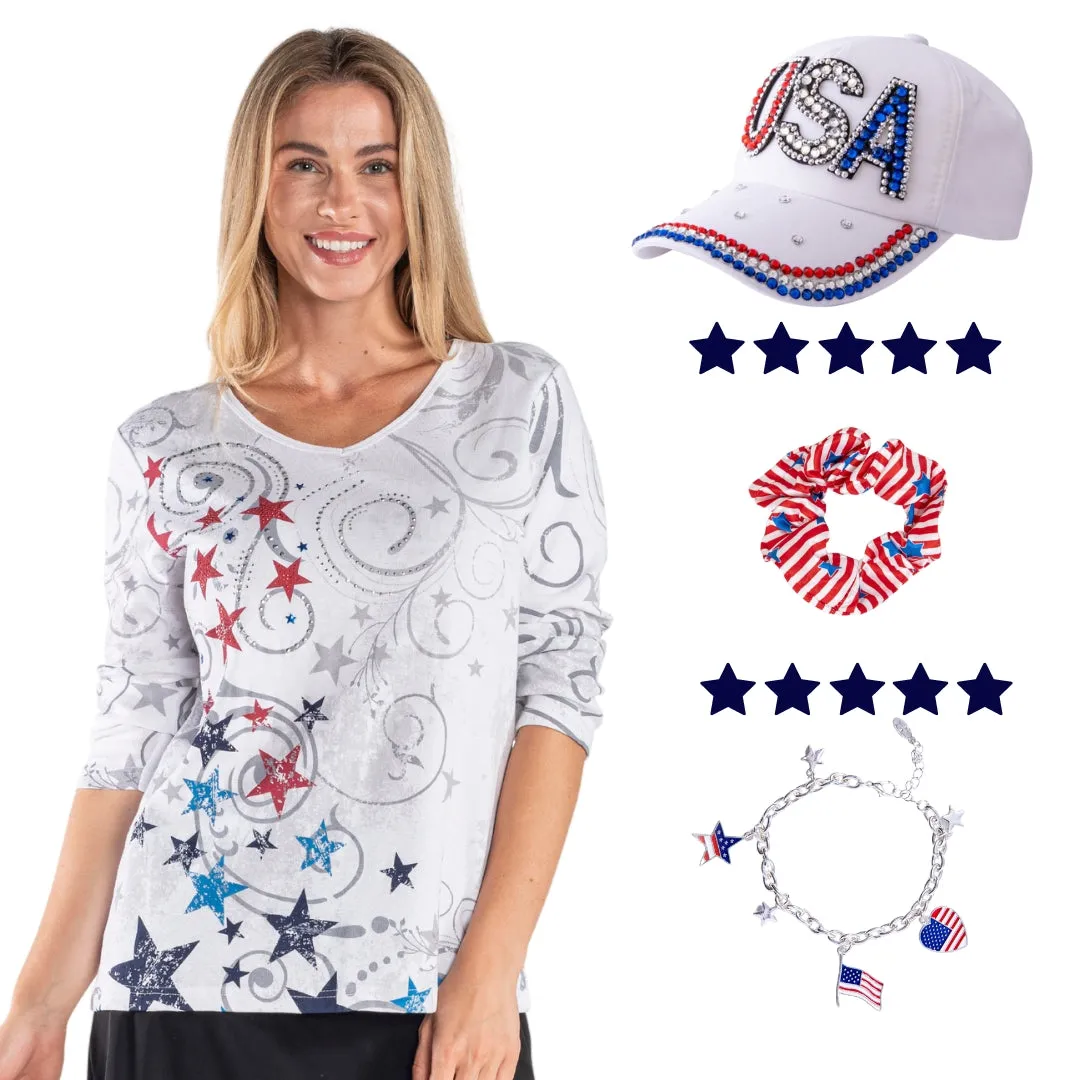 Women's Patriotic Lady Stars, Scrunchie, Cap, and Bracelet Bundle