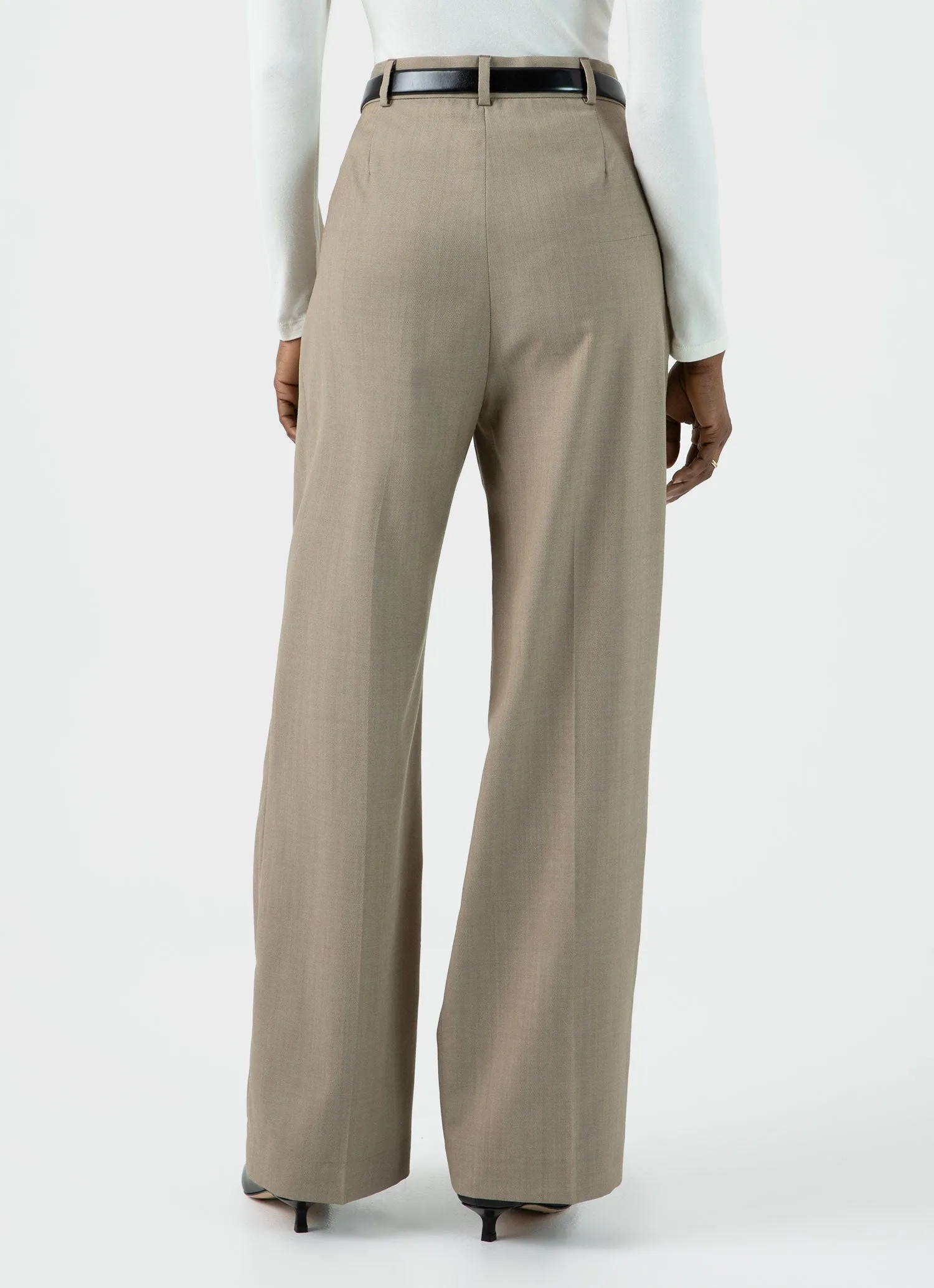 Women's Pleated Wool Twill Trouser in Dark Stone