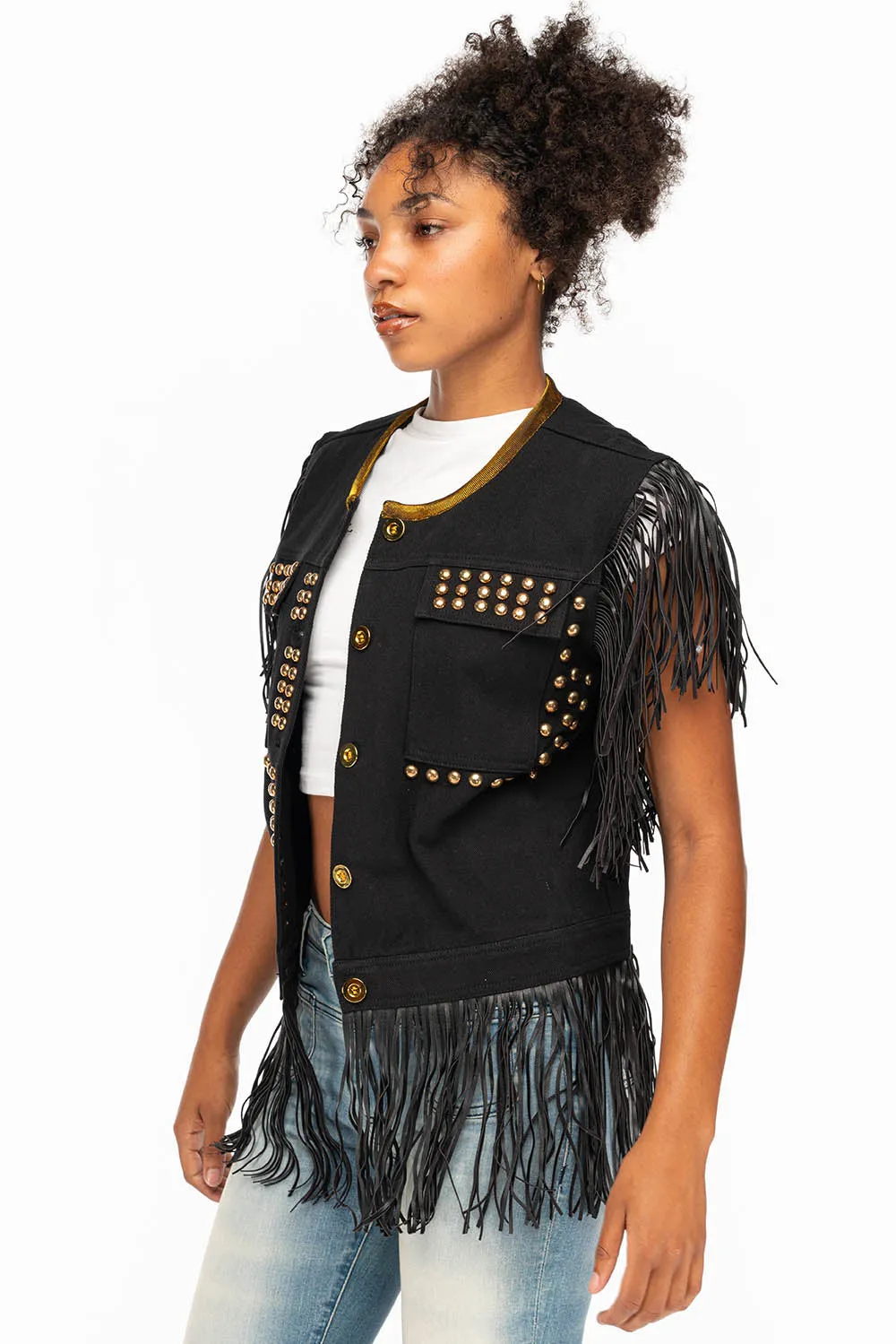 WOMENS STUDDED FRINGE VEST IN BLACK