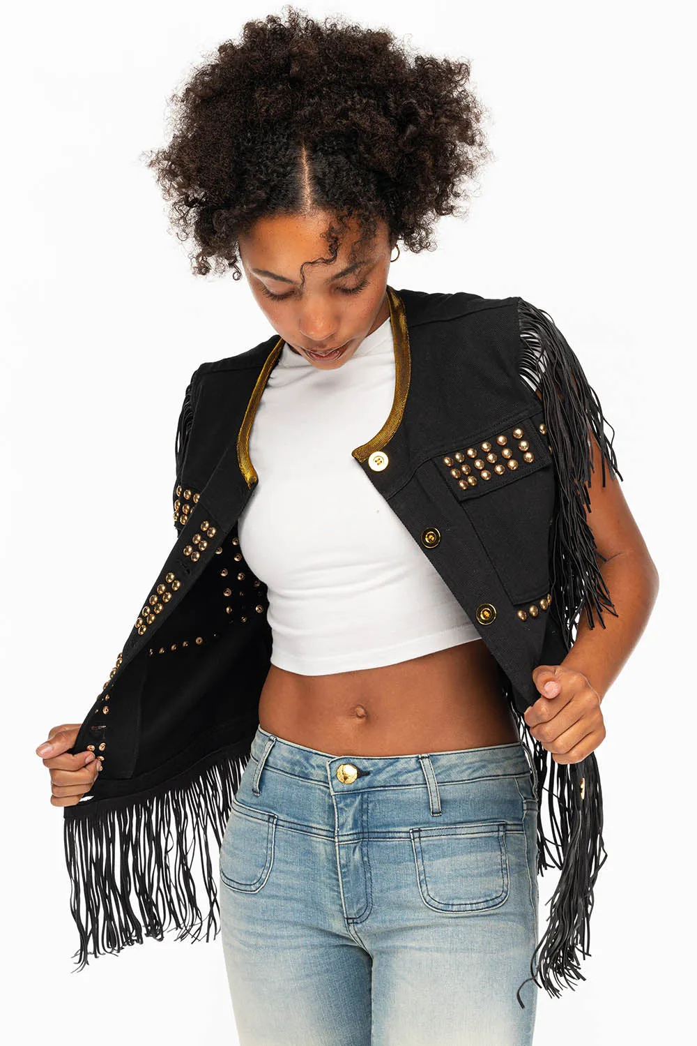 WOMENS STUDDED FRINGE VEST IN BLACK