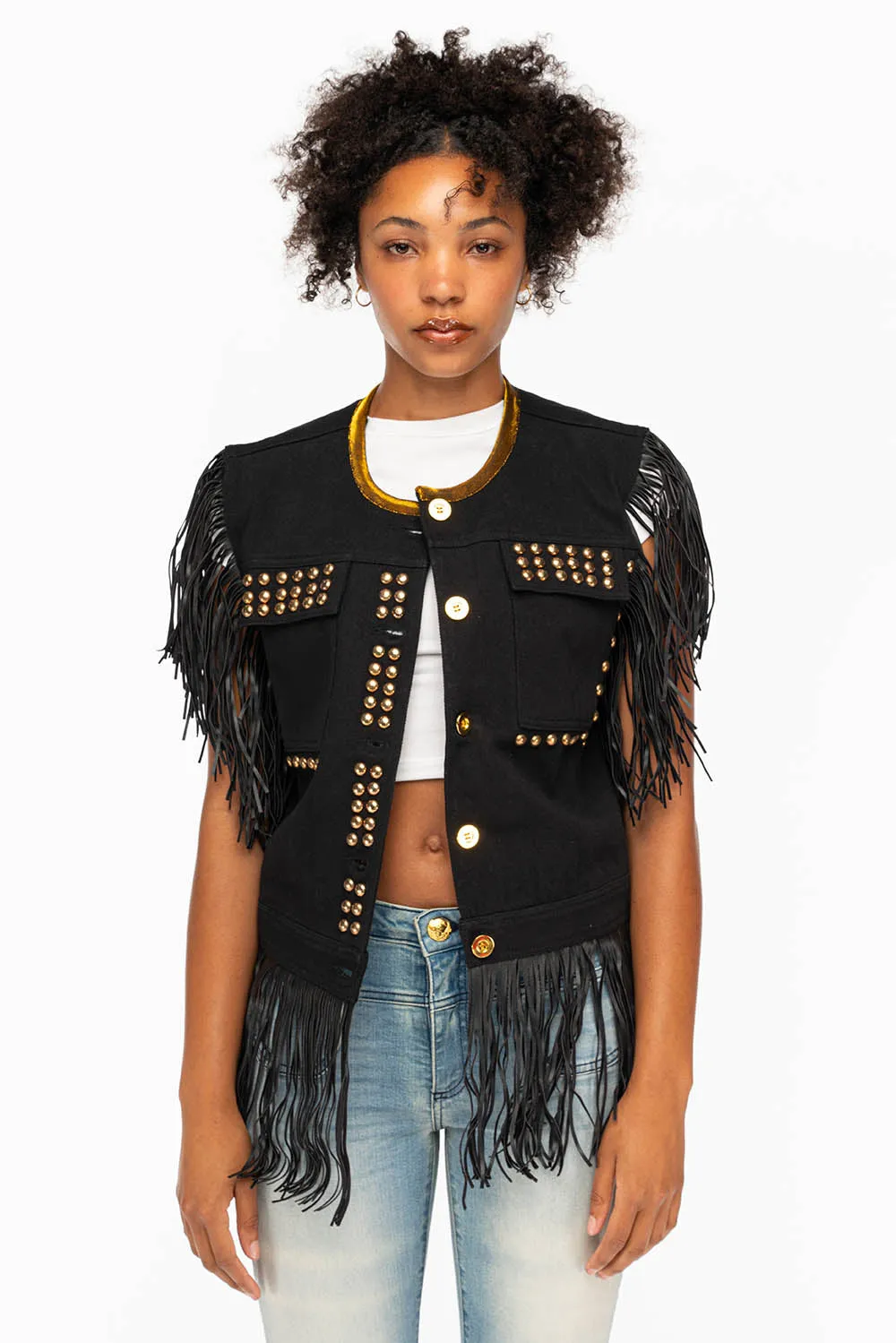 WOMENS STUDDED FRINGE VEST IN BLACK