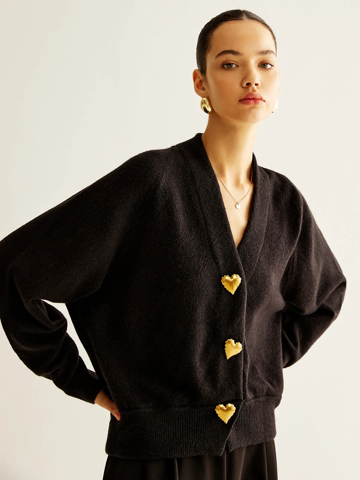 Wool-Blend Heart Button Cardigan