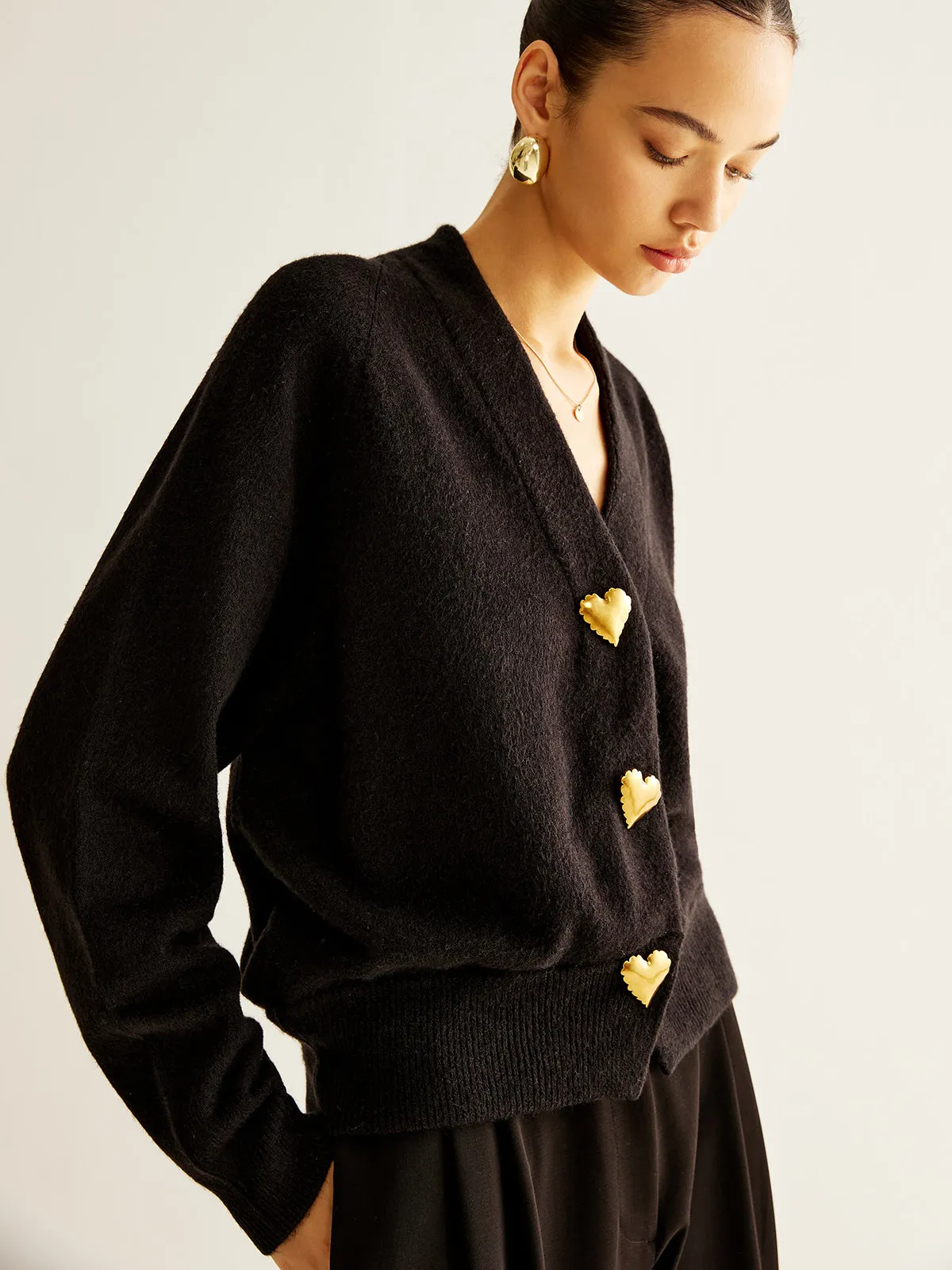 Wool-Blend Heart Button Cardigan